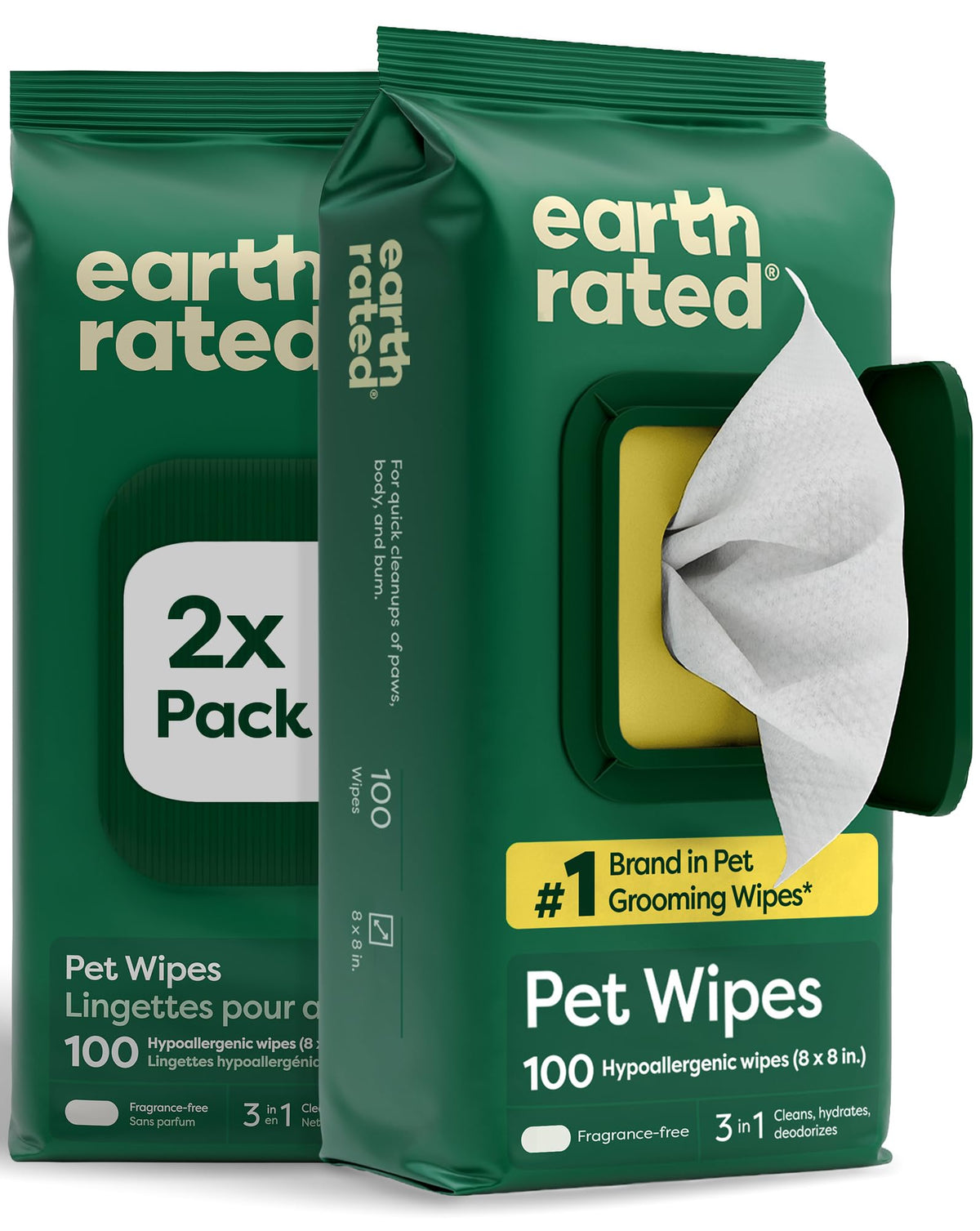Earth Rated Pet Wipes for Dogs and Cats, Hypoallergenic, Cleaning and Hydrating, for Paws, Body and Butt (Eye Wipes Unscented, 70 Grooming Wipes)