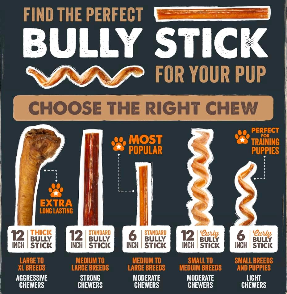 Mighty Paw 12" Bully Sticks for Dogs - Large, Medium and Small Breeds Chew