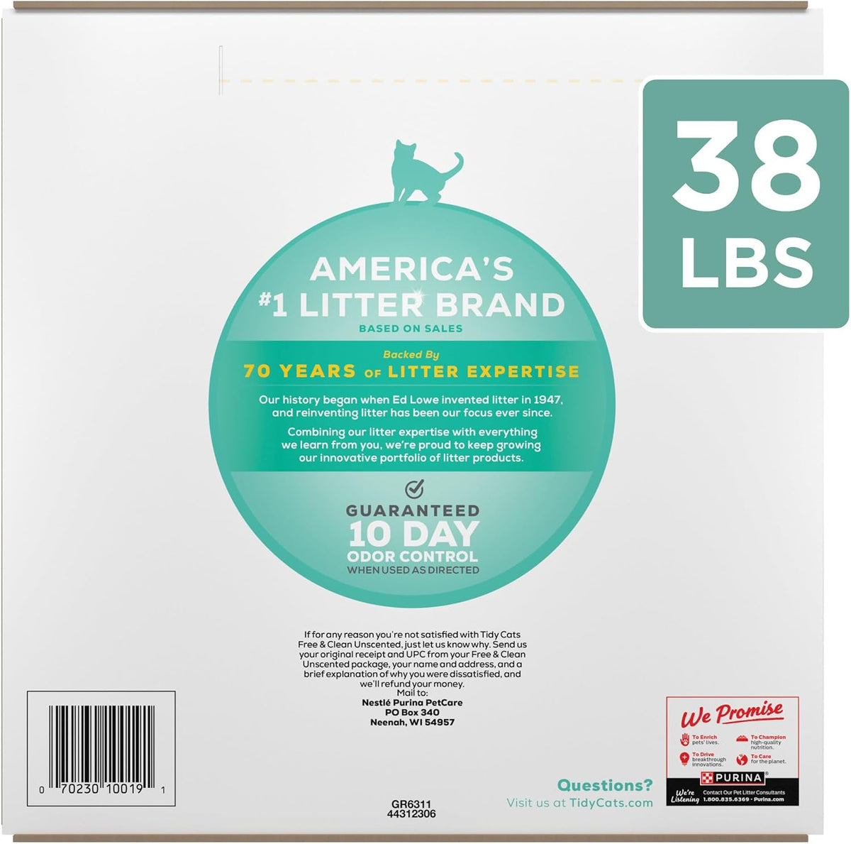 Purina Tidy Cats Free and Clean Unscented Clumping Cat Litter, 38 lb Box