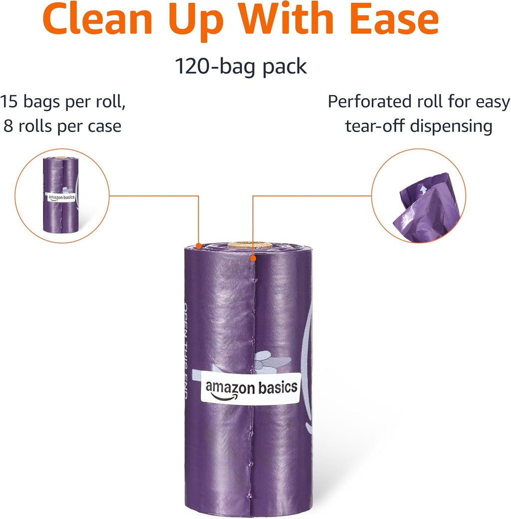 Amazon Basics Dog Poop Bags, 120 Count, Enhanced for Guaranteed Leakproof, Unscented, Green