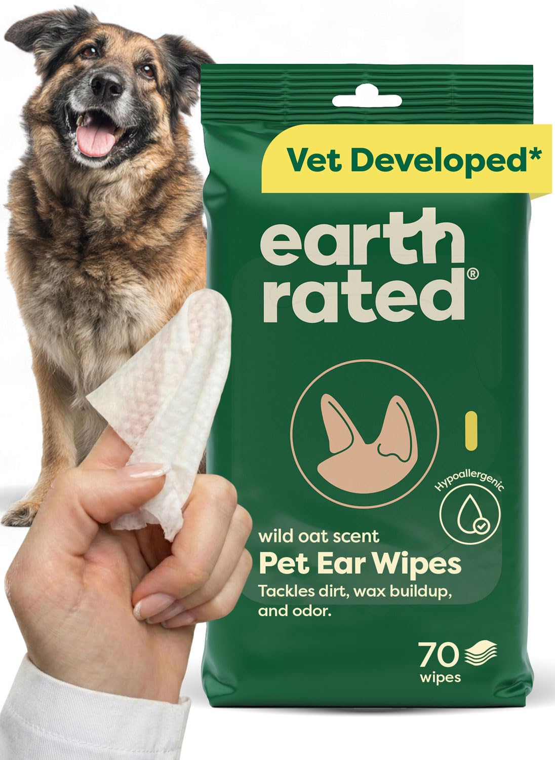 Earth Rated Pet Wipes for Dogs and Cats, Hypoallergenic, Cleaning and Hydrating, for Paws, Body and Butt (Eye Wipes Unscented, 70 Grooming Wipes)