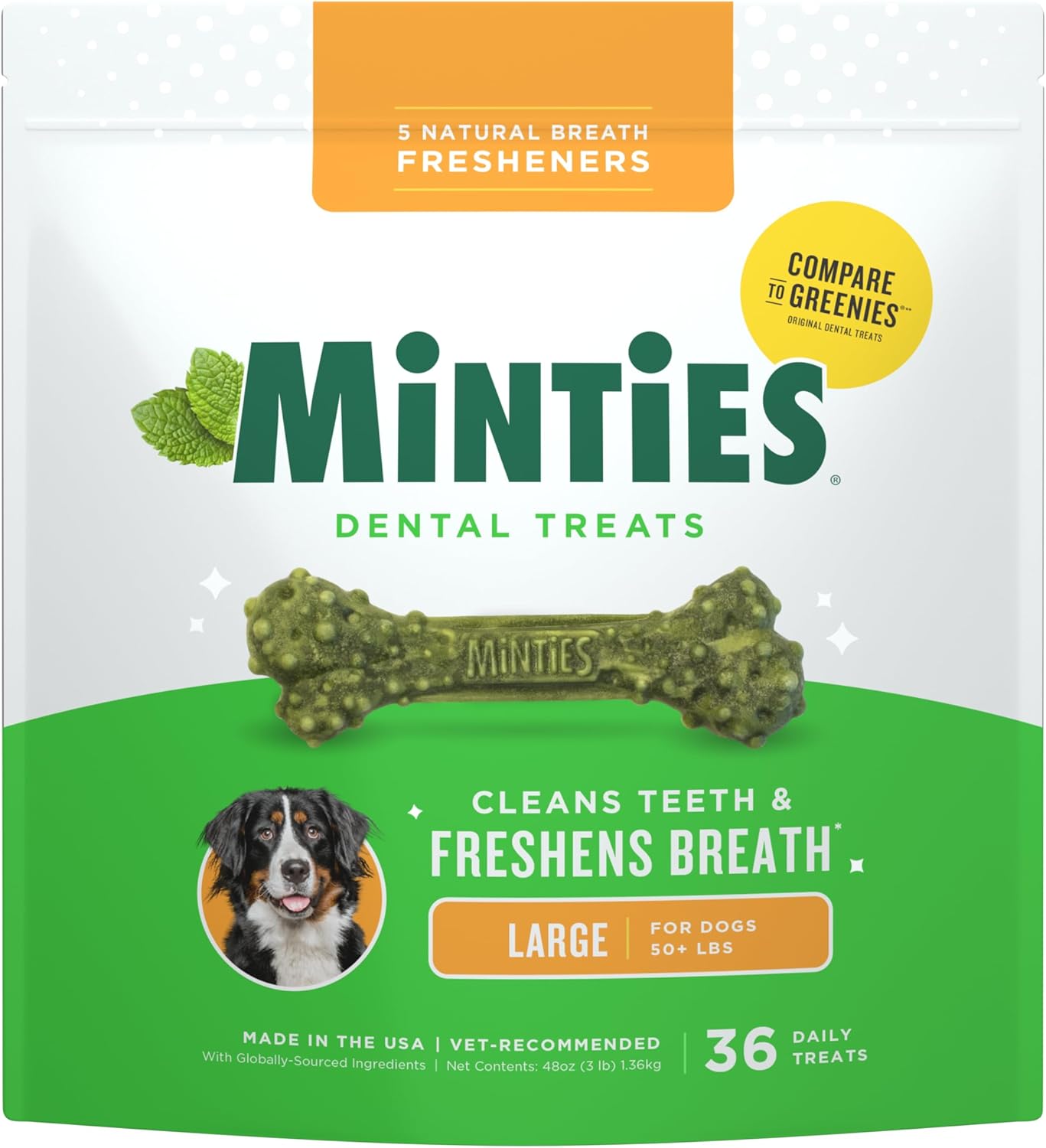 Minties Dental Chews for Dogs, 36 Count, Vet-Recommended Mint-Flavored Dog Treats for Large Breeds Over 50 lbs, Dental Bones Clean Teeth, Fight Bad Breath, Removes Plaque and Tartar