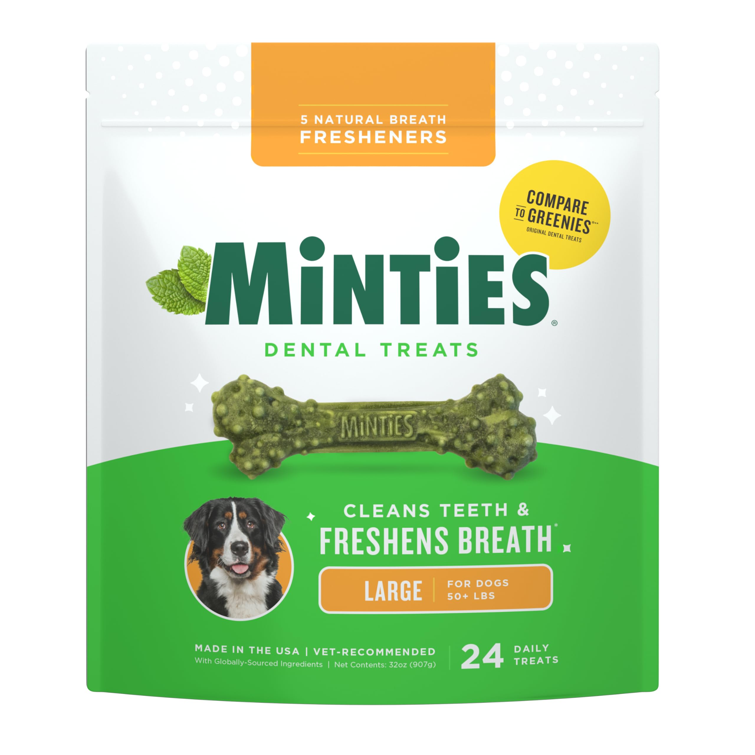 Minties Dental Chews for Dogs, 36 Count, Vet-Recommended Mint-Flavored Dog Treats for Large Breeds Over 50 lbs, Dental Bones Clean Teeth, Fight Bad Breath, Removes Plaque and Tartar
