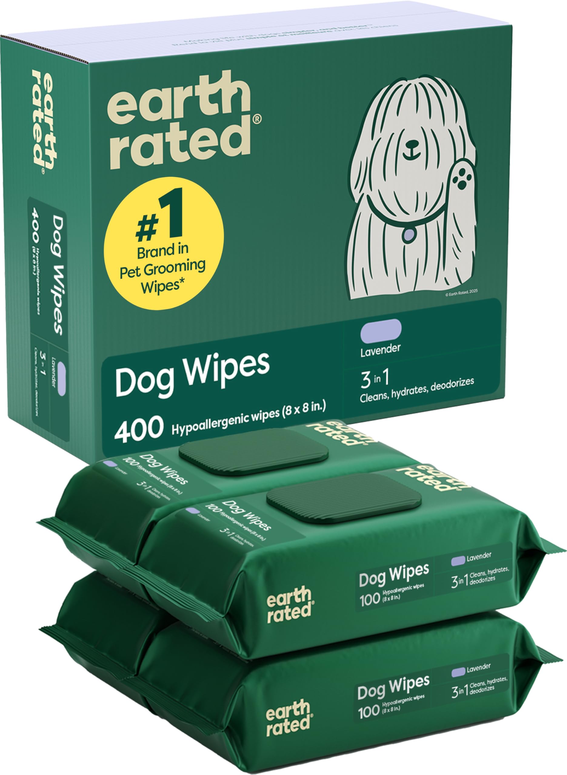 Earth Rated Pet Wipes for Dogs and Cats, Hypoallergenic, Cleaning and Hydrating, for Paws, Body and Butt (Eye Wipes Unscented, 70 Grooming Wipes)