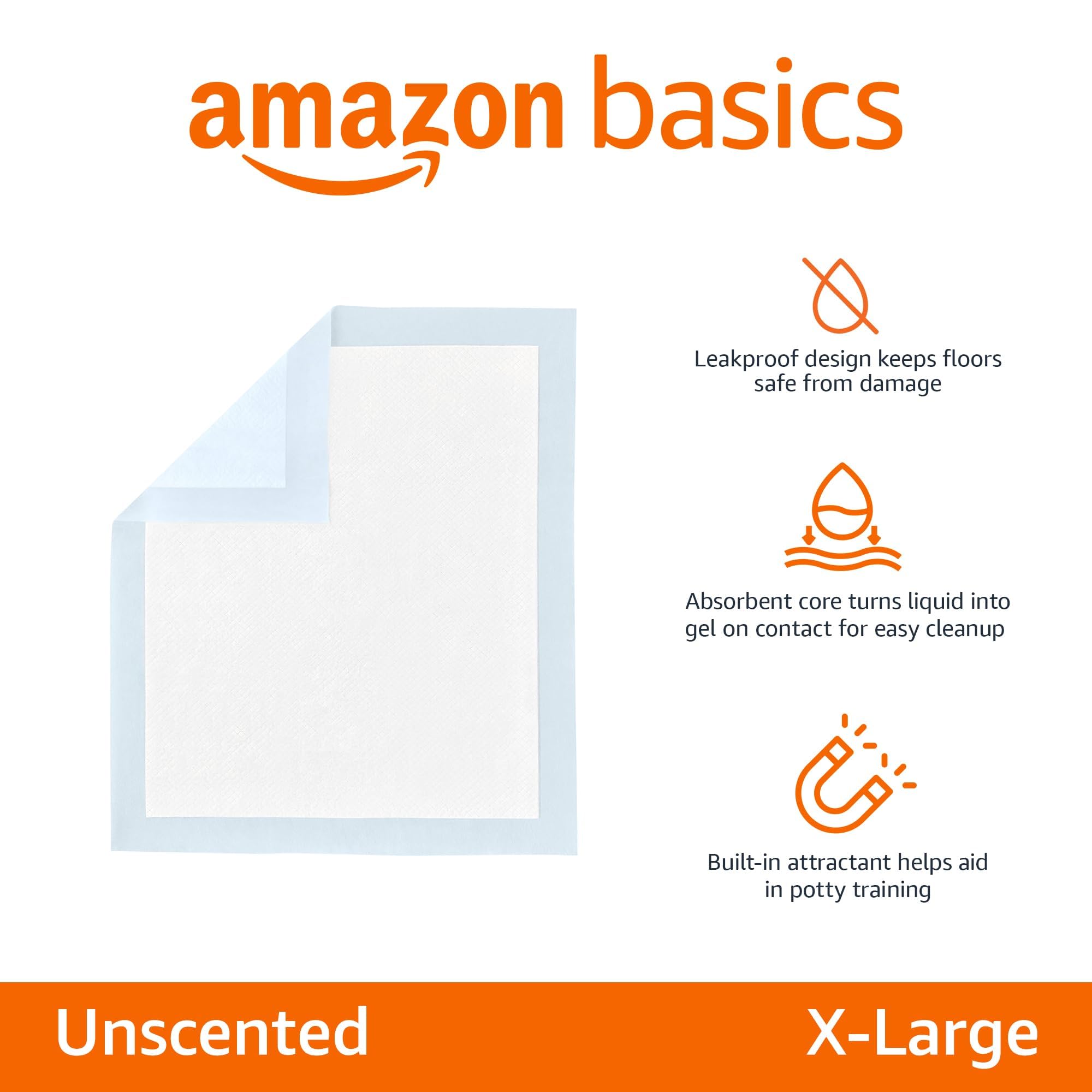 Amazon Basics Leak-Proof Dog and Puppy Potty Training Pee Pads with Quick-Dry 5-Layer Super Absorbent Design, Regular Size 22 x 22 inch, Blue & White, 100 Count