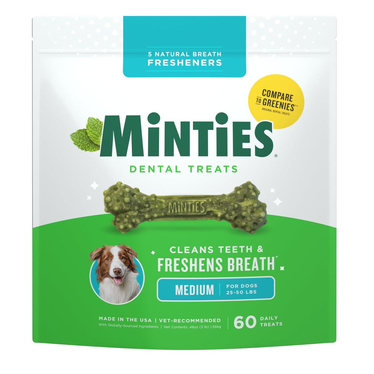 Minties Dental Chews for Dogs, 36 Count, Vet-Recommended Mint-Flavored Dog Treats for Large Breeds Over 50 lbs, Dental Bones Clean Teeth, Fight Bad Breath, Removes Plaque and Tartar