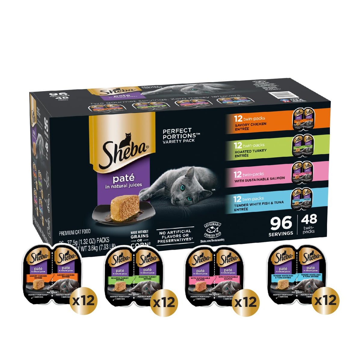 Sheba Perfect Portions Pate Wet Cat Food, Seafood Variety, 2.6 oz, 24 ct