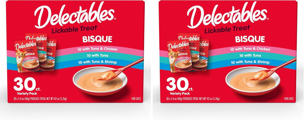 Delectables Lickable Treat Bisque Wet Cat Treat Variety Pack, Food Topper, Hydrating, Grain-Free, No Fillers, No By-Products, No Added Preservatives, 1.4oz Pouch, 30ct