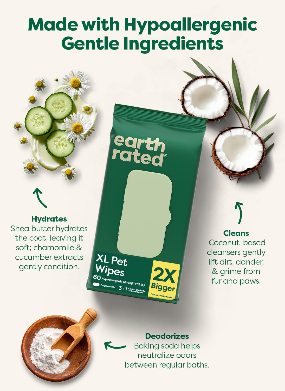 Earth Rated Pet Wipes for Dogs and Cats, Hypoallergenic, Cleaning and Hydrating, for Paws, Body and Butt (Eye Wipes Unscented, 70 Grooming Wipes)