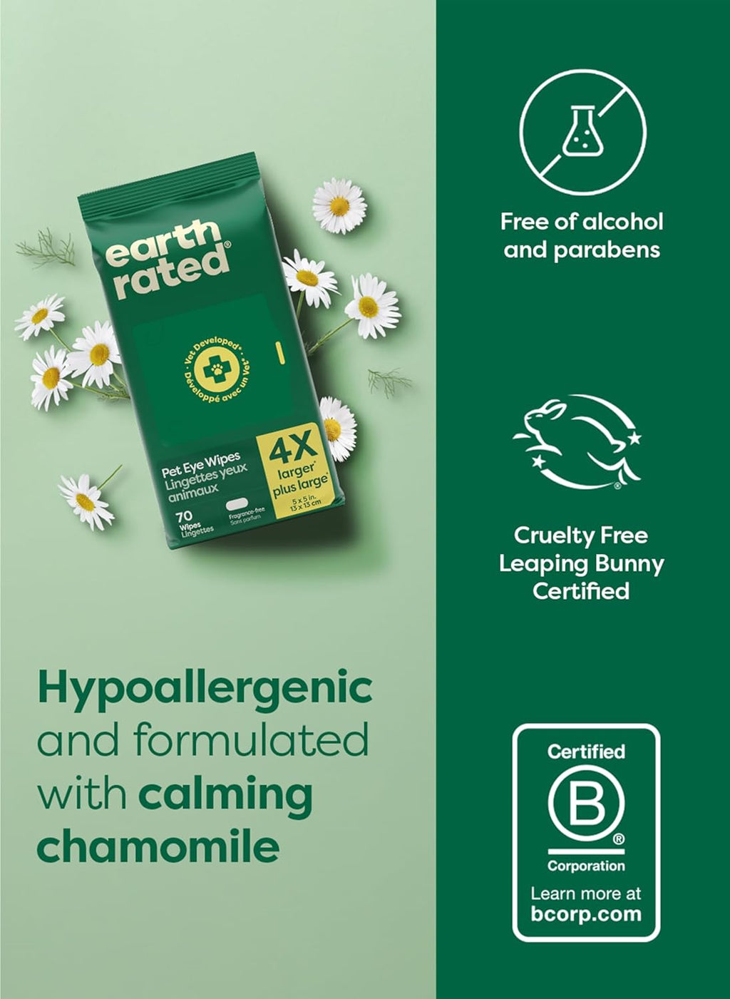 Earth Rated Pet Wipes for Dogs and Cats, Hypoallergenic, Cleaning and Hydrating, for Paws, Body and Butt (Eye Wipes Unscented, 70 Grooming Wipes)