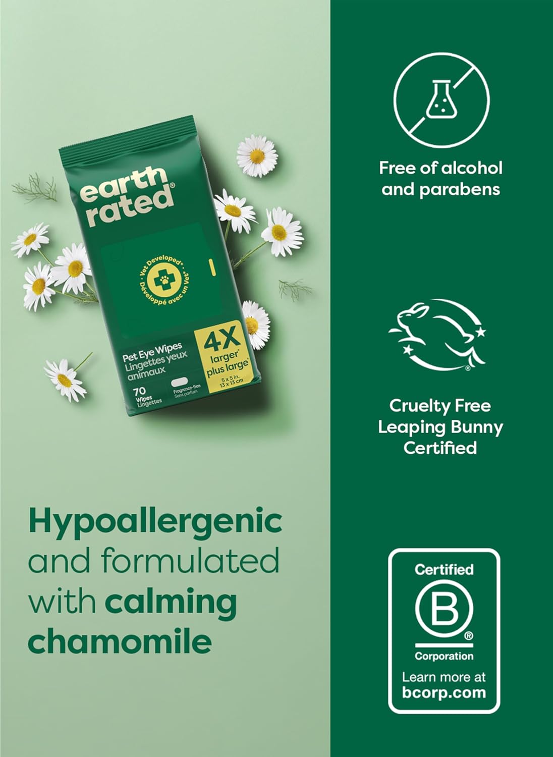Earth Rated Pet Wipes for Dogs and Cats, Hypoallergenic, Cleaning and Hydrating, for Paws, Body and Butt (Eye Wipes Unscented, 70 Grooming Wipes)