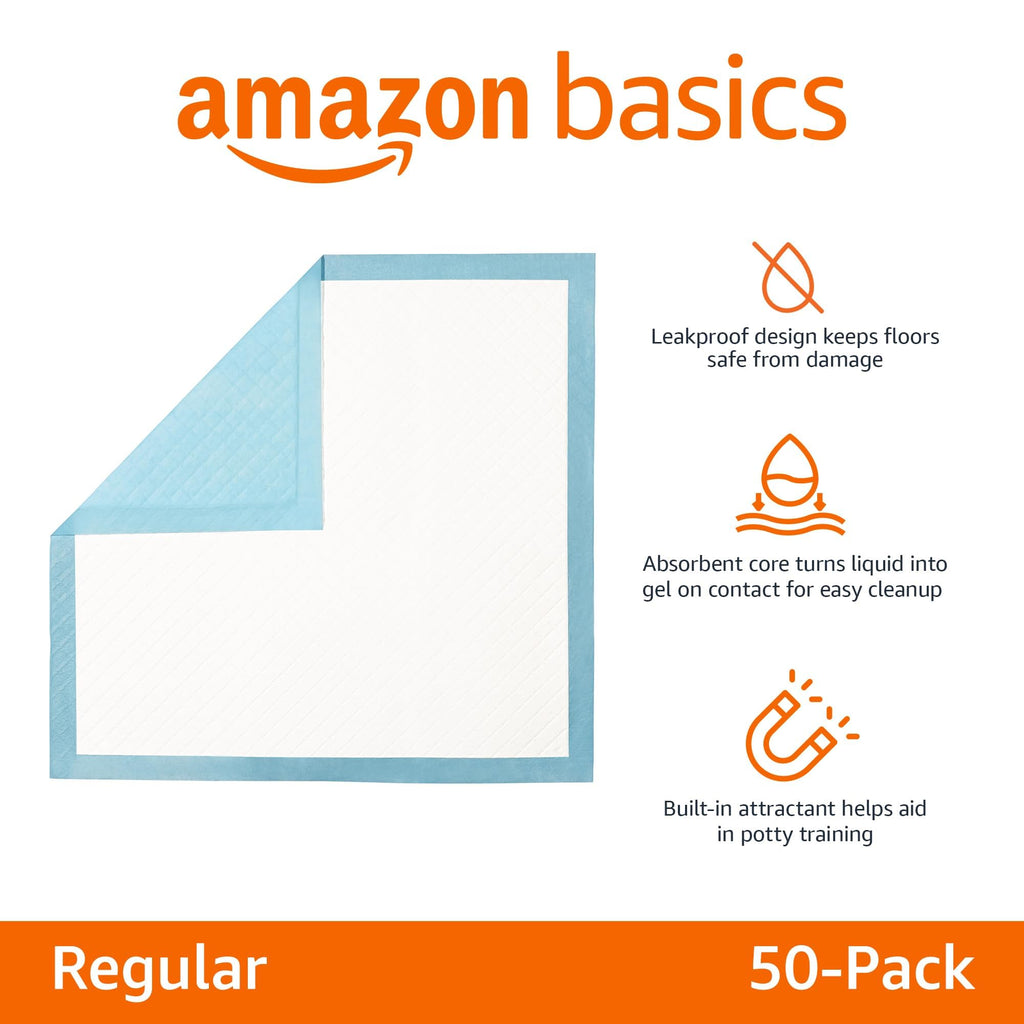 Amazon Basics X-Large Heavy Duty Absorbent Puppy Potty Pads, Leak-Proof, Quick-Dry, Super Absorbent Gel Technology for Dog Training, 28 x 34 Inches, Blue & White, Pack of 50