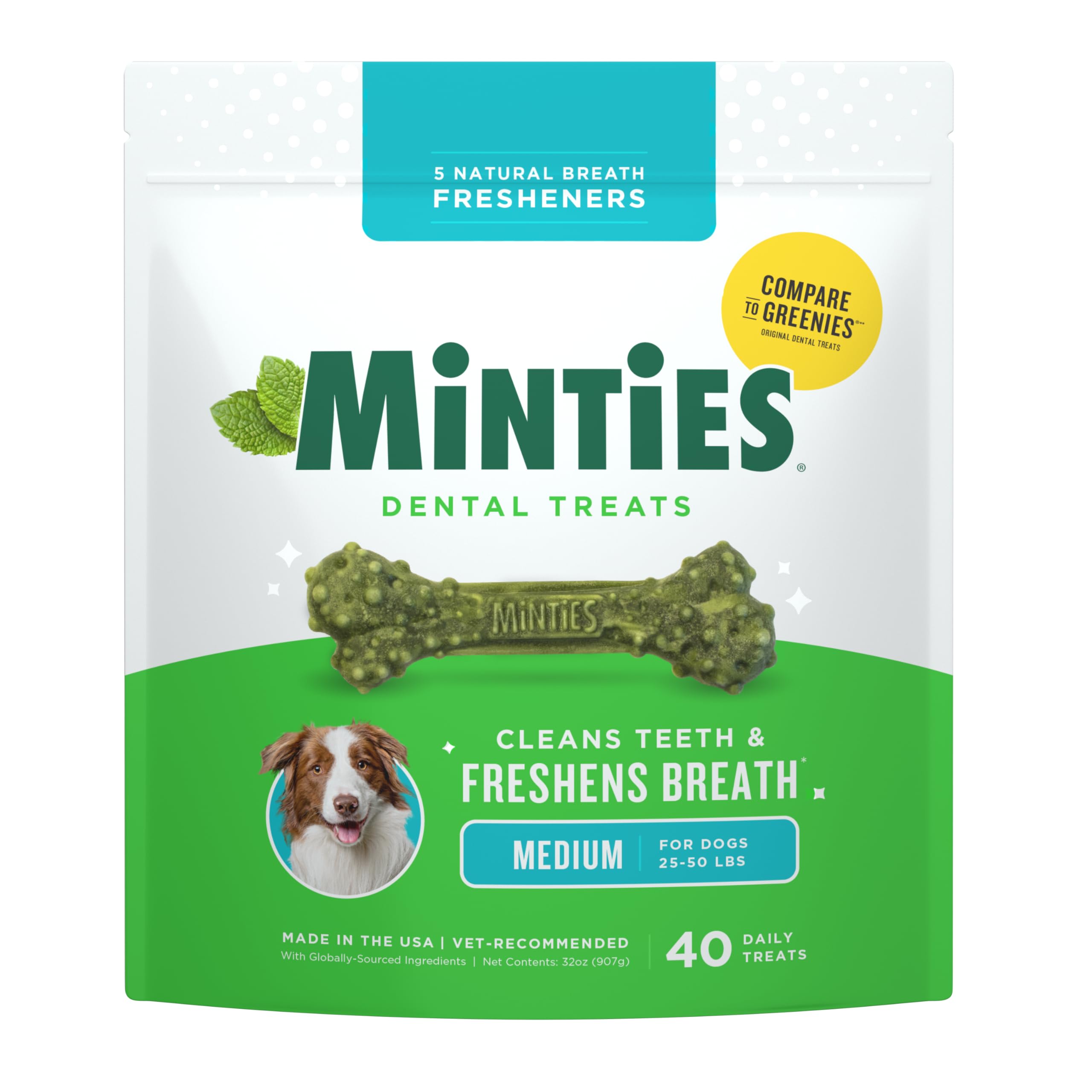 Minties Dental Chews for Dogs, 36 Count, Vet-Recommended Mint-Flavored Dog Treats for Large Breeds Over 50 lbs, Dental Bones Clean Teeth, Fight Bad Breath, Removes Plaque and Tartar