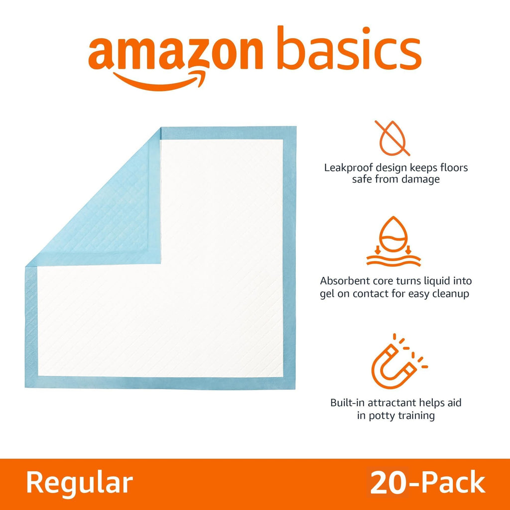 Amazon Basics X-Large Heavy Duty Absorbent Puppy Potty Pads, Leak-Proof, Quick-Dry, Super Absorbent Gel Technology for Dog Training, 28 x 34 Inches, Blue & White, Pack of 50
