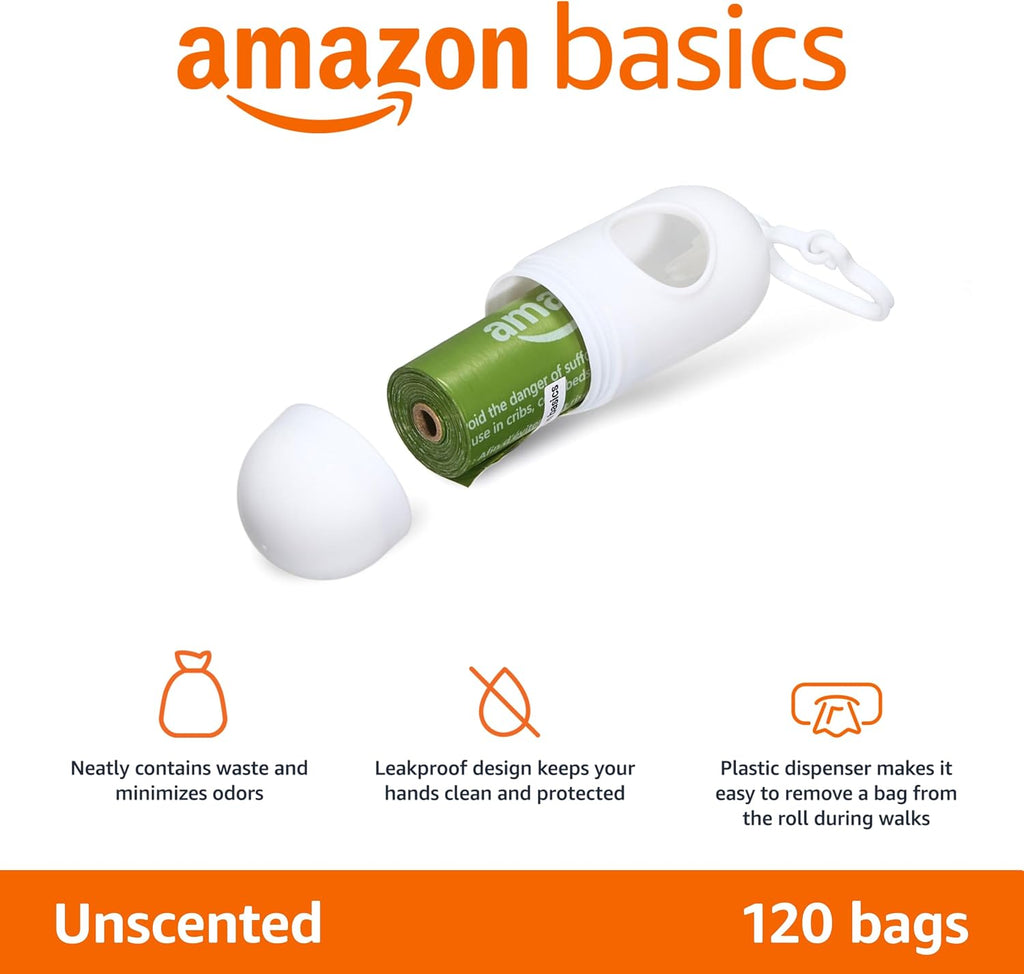 Amazon Basics Dog Poop Bags, 120 Count, Enhanced for Guaranteed Leakproof, Unscented, Green