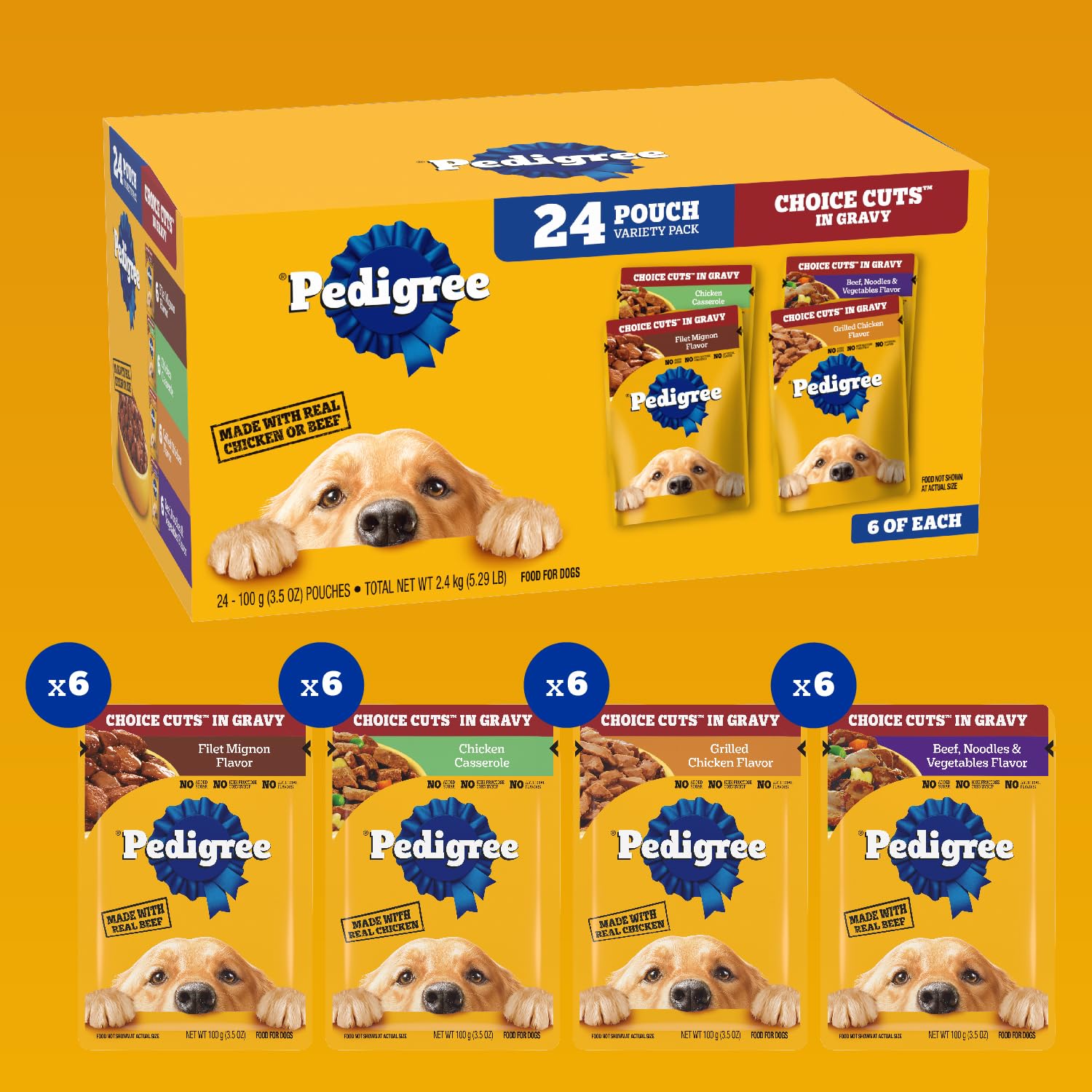 Pedigree Choice Cuts Wet Dog Food Pouch, Protein Variety, 3.5 oz, 30 Count