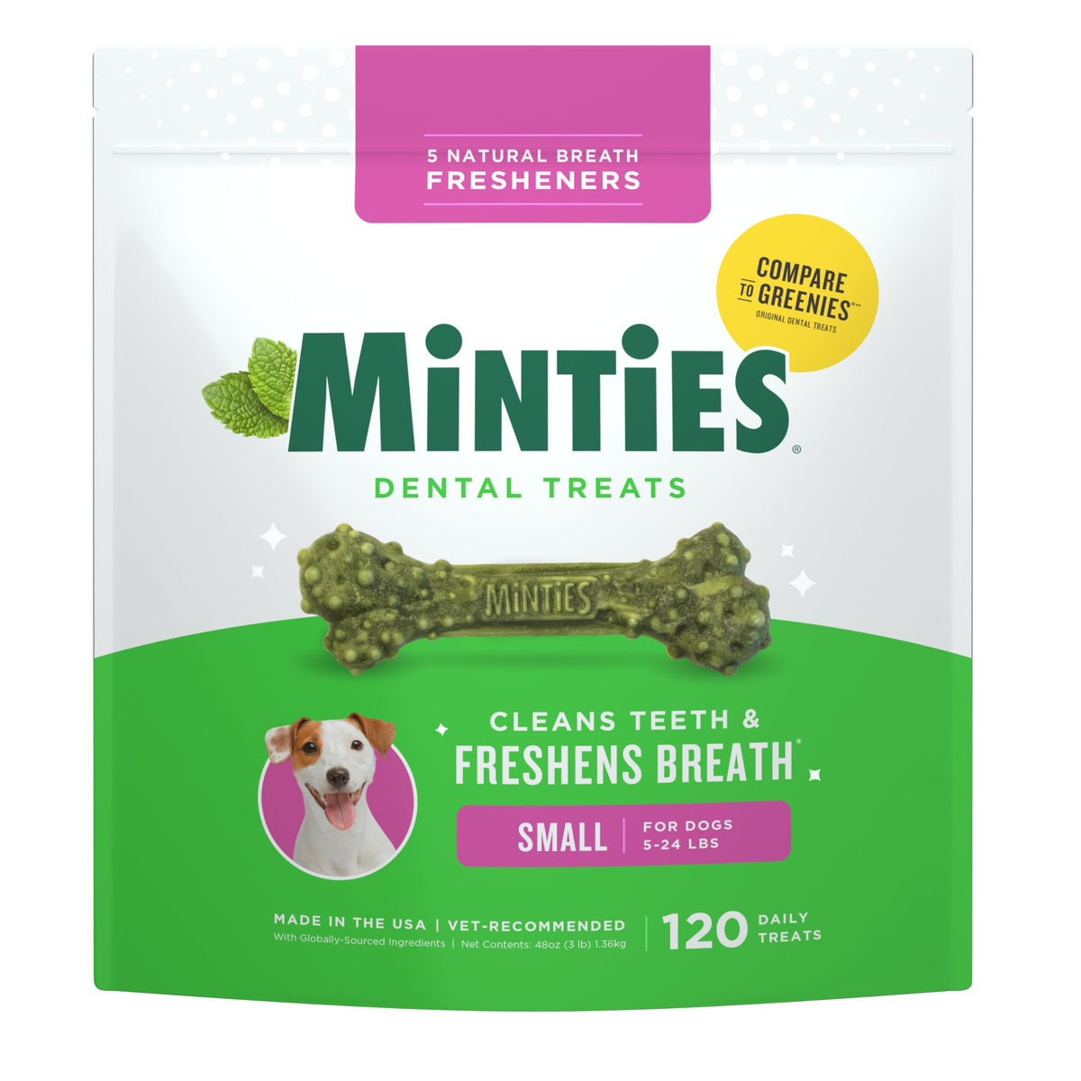 Minties Dental Chews for Dogs, 36 Count, Vet-Recommended Mint-Flavored Dog Treats for Large Breeds Over 50 lbs, Dental Bones Clean Teeth, Fight Bad Breath, Removes Plaque and Tartar