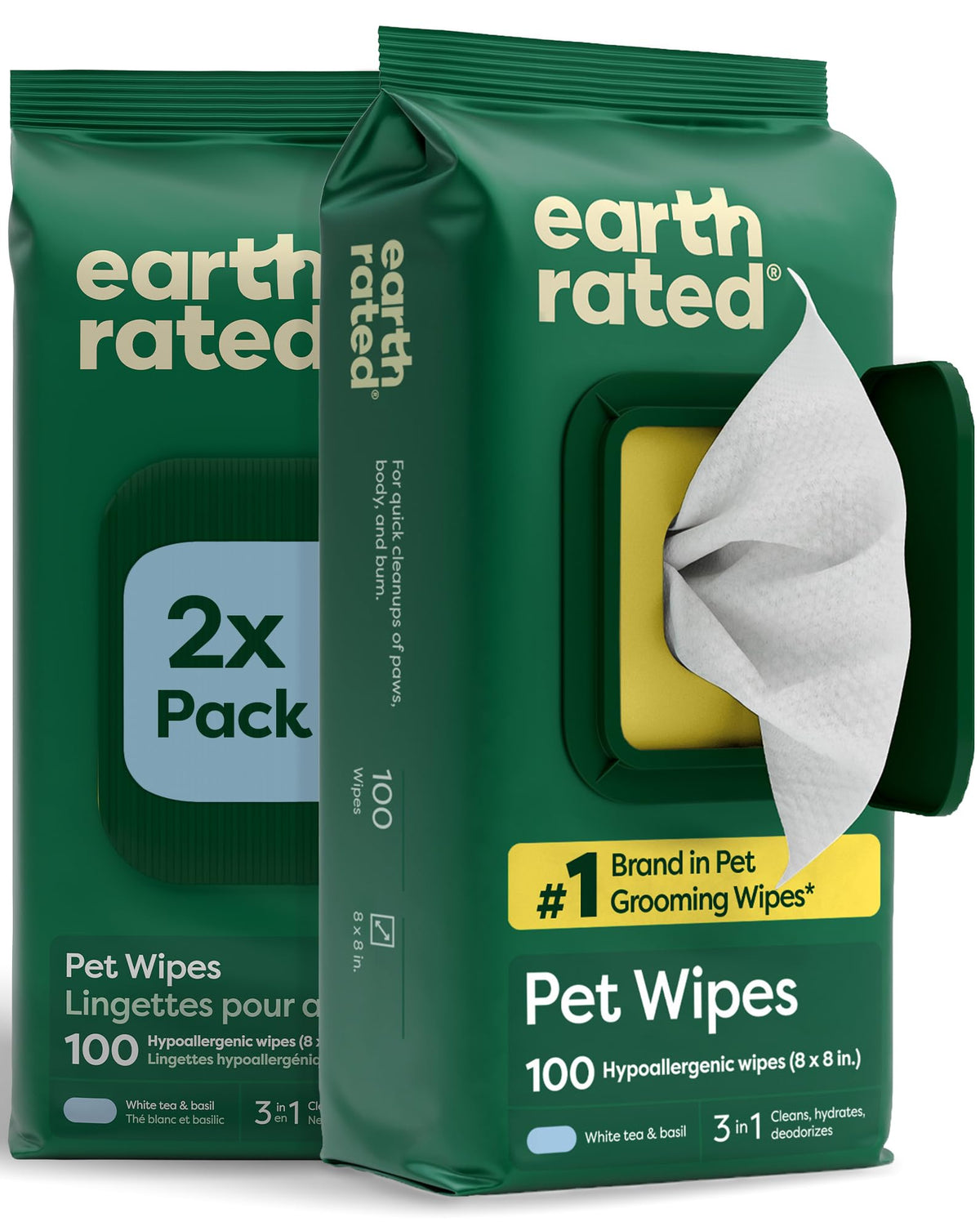 Earth Rated Pet Wipes for Dogs and Cats, Hypoallergenic, Cleaning and Hydrating, for Paws, Body and Butt (Eye Wipes Unscented, 70 Grooming Wipes)
