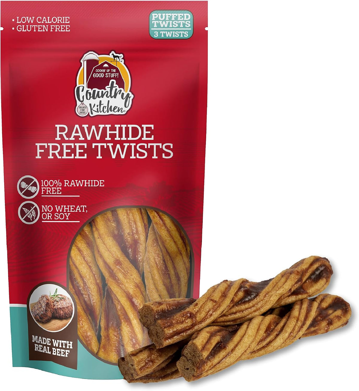 Country Kitchen Rawhide Free, Beef Twists Dog Chews, 9 Count (Pack of 12)