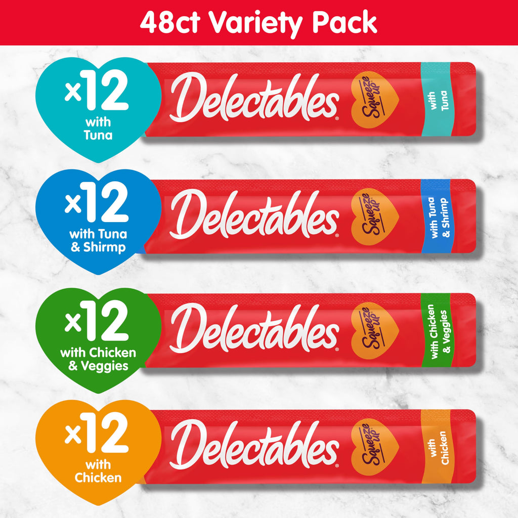 Delectables Squeeze Up Variety Pack, Creamy Squeezable Puree, Lickable Wet Cat Treats, Grain Free, No Added Fillers, No by-Products, No Added Preservatives, 0.5 Ounces Tube, 20 Tubes Total