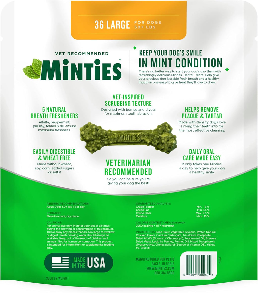 Minties Dental Chews for Dogs, 36 Count, Vet-Recommended Mint-Flavored Dog Treats for Large Breeds Over 50 lbs, Dental Bones Clean Teeth, Fight Bad Breath, Removes Plaque and Tartar