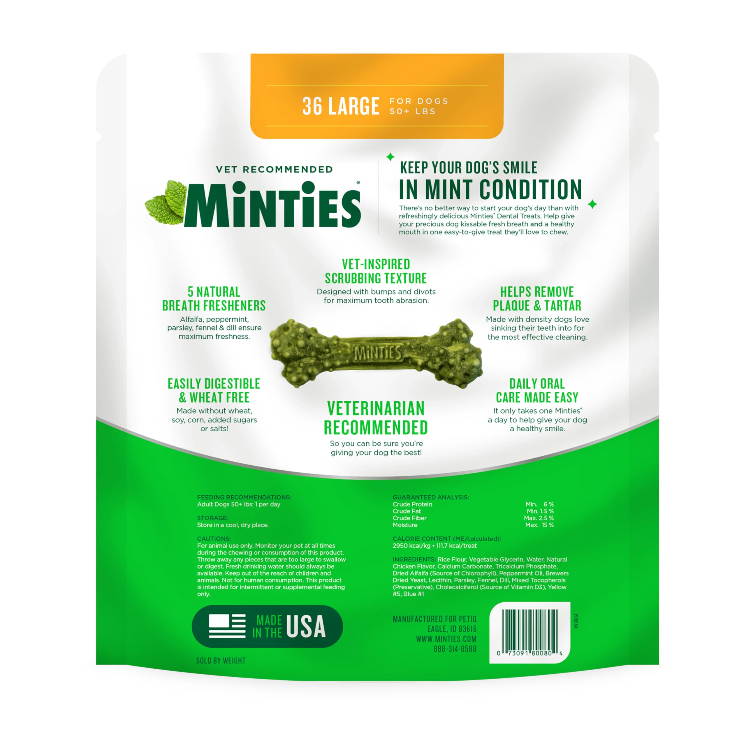 Minties Dental Chews for Dogs, 36 Count, Vet-Recommended Mint-Flavored Dog Treats for Large Breeds Over 50 lbs, Dental Bones Clean Teeth, Fight Bad Breath, Removes Plaque and Tartar