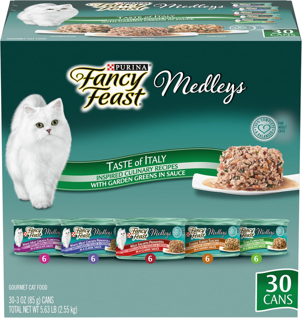 Purina Fancy Feast Wet Cat Food Variety Pack, Medleys Taste of Italy With Garden Greens in Sauce - (Pack of 30) 3 oz. Cans