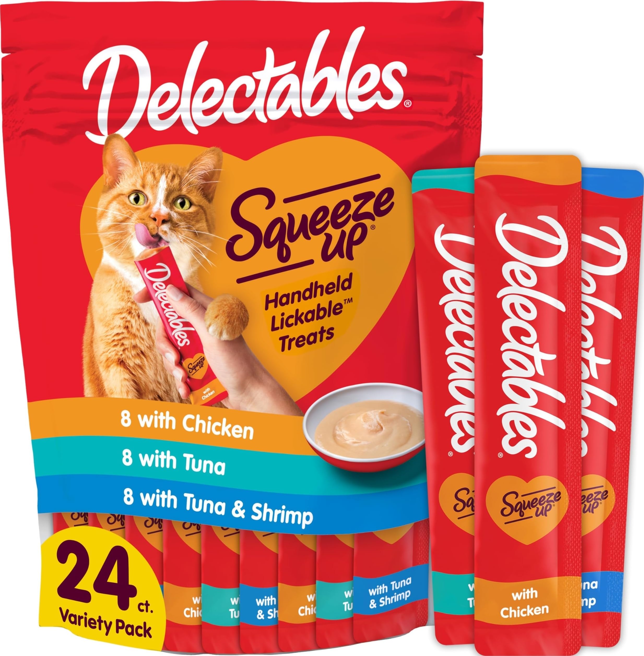 Delectables Squeeze Up Variety Pack, Creamy Squeezable Puree, Lickable Wet Cat Treats, Grain Free, No Added Fillers, No by-Products, No Added Preservatives, 0.5 Ounces Tube, 20 Tubes Total