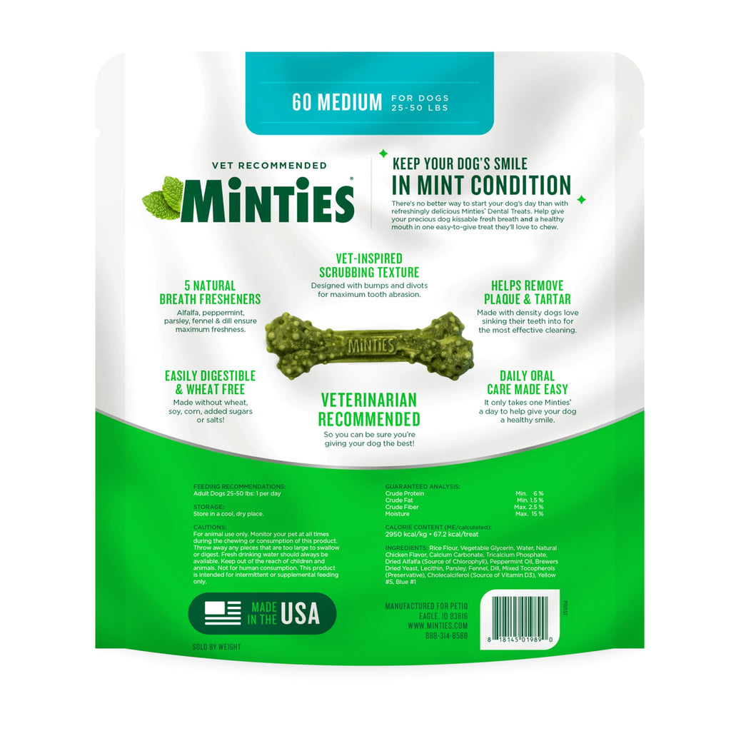 Minties Dental Chews for Dogs, 36 Count, Vet-Recommended Mint-Flavored Dog Treats for Large Breeds Over 50 lbs, Dental Bones Clean Teeth, Fight Bad Breath, Removes Plaque and Tartar