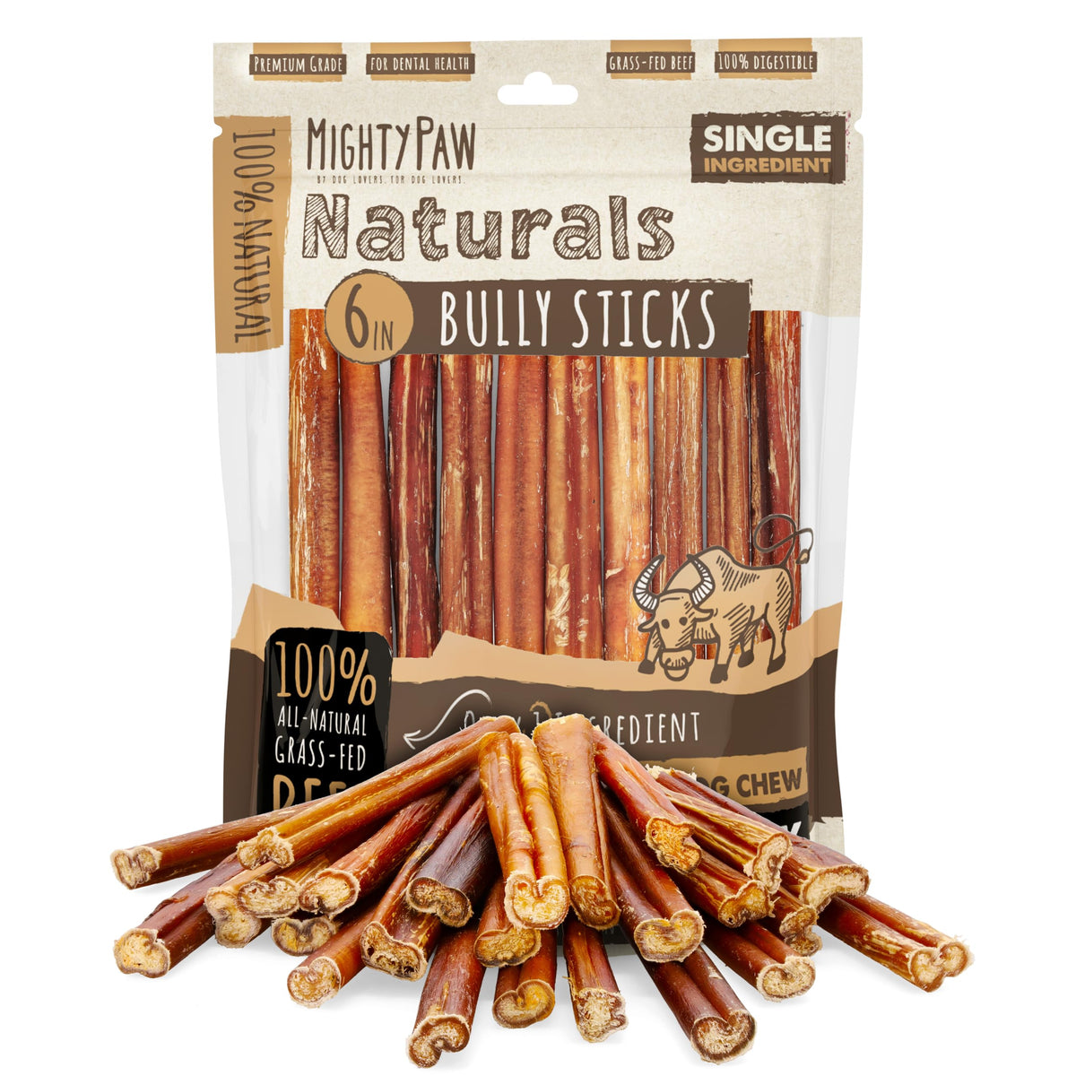 Mighty Paw 12" Bully Sticks for Dogs - Large, Medium and Small Breeds Chew