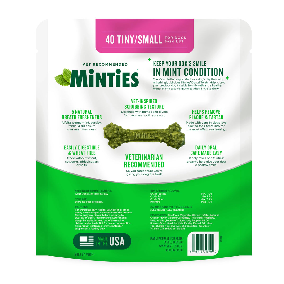 Minties Dental Chews for Dogs, 36 Count, Vet-Recommended Mint-Flavored Dog Treats for Large Breeds Over 50 lbs, Dental Bones Clean Teeth, Fight Bad Breath, Removes Plaque and Tartar