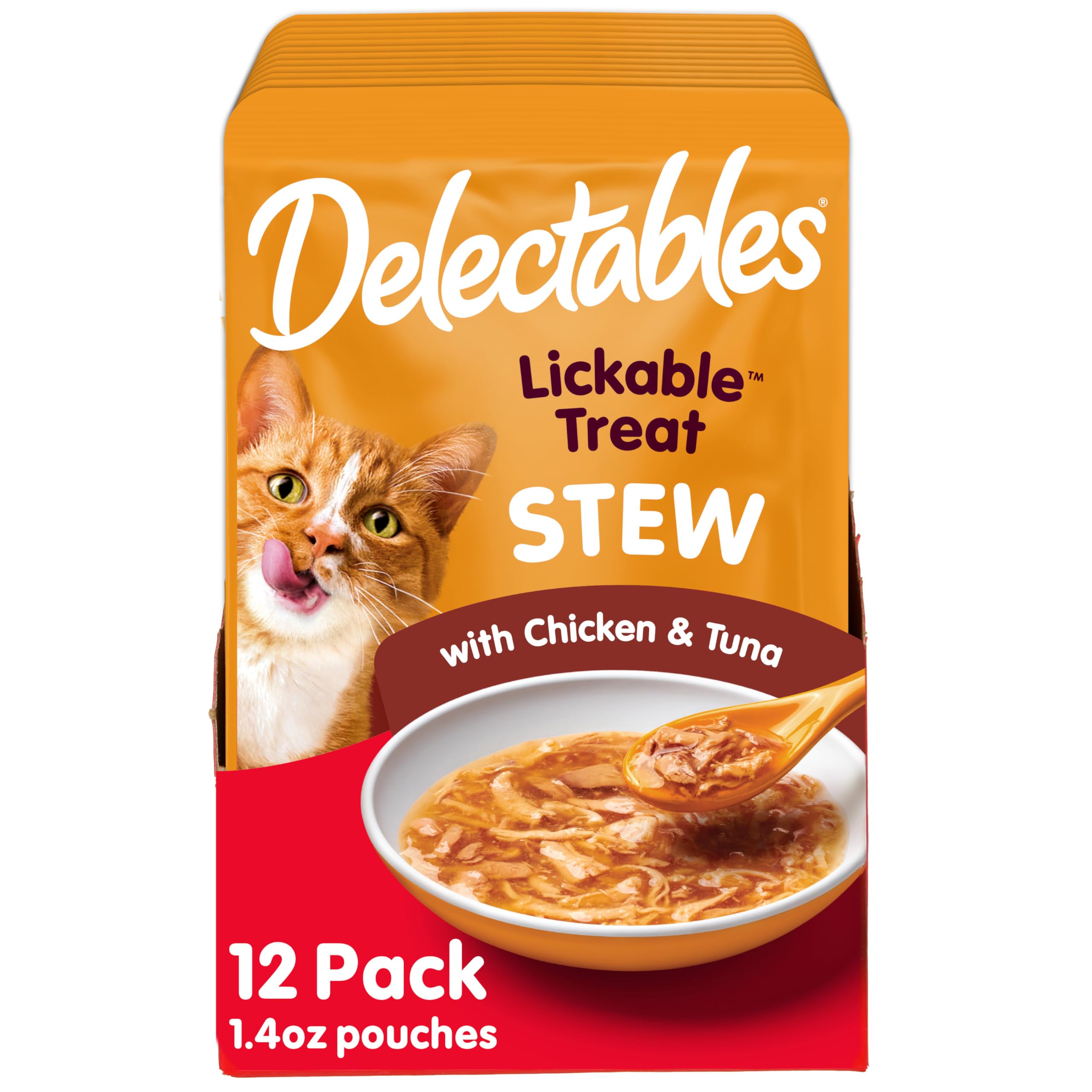 Delectables Lickable Treat Stew Wet Cat Treat Variety Pack, Food Topper, Hydrating, Grain-Free, No Fillers, No By-Products, No Added Preservatives, 1.4oz Pouch, 12ct