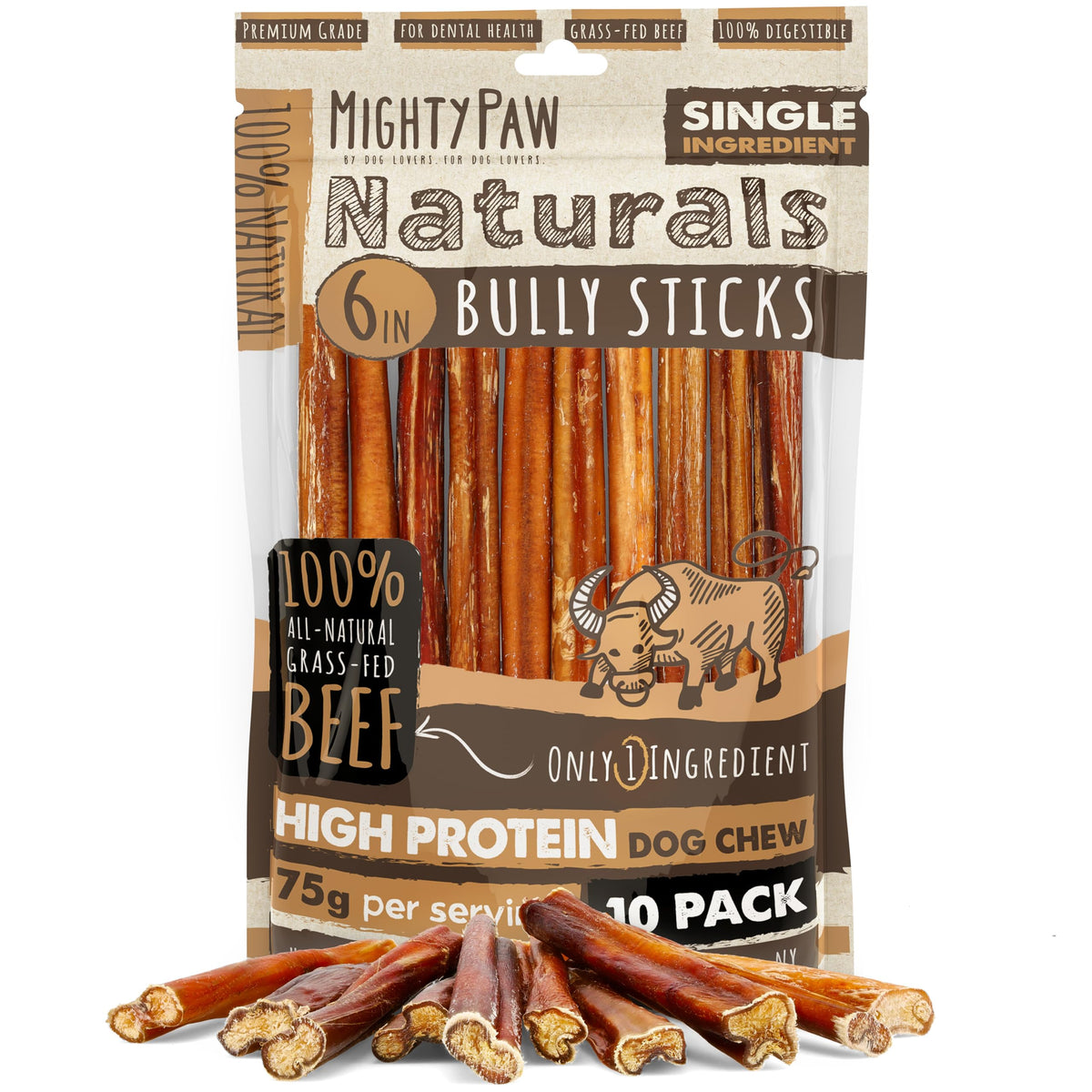 Mighty Paw 12" Bully Sticks for Dogs - Large, Medium and Small Breeds Chew