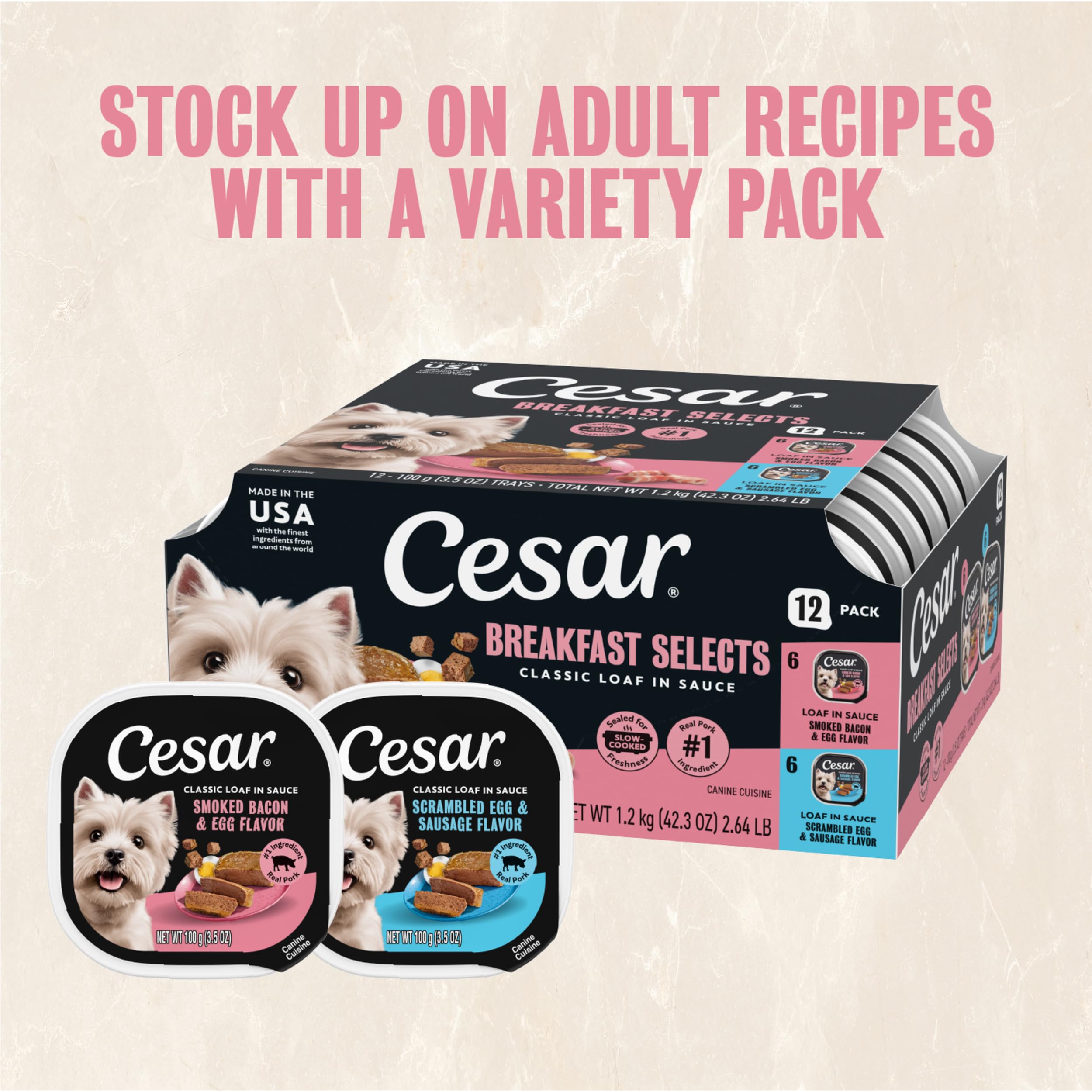 Cesar Classic Loaf in Sauce Wet Dog Food, Meaty Selects, 3.5 oz, 24 Count