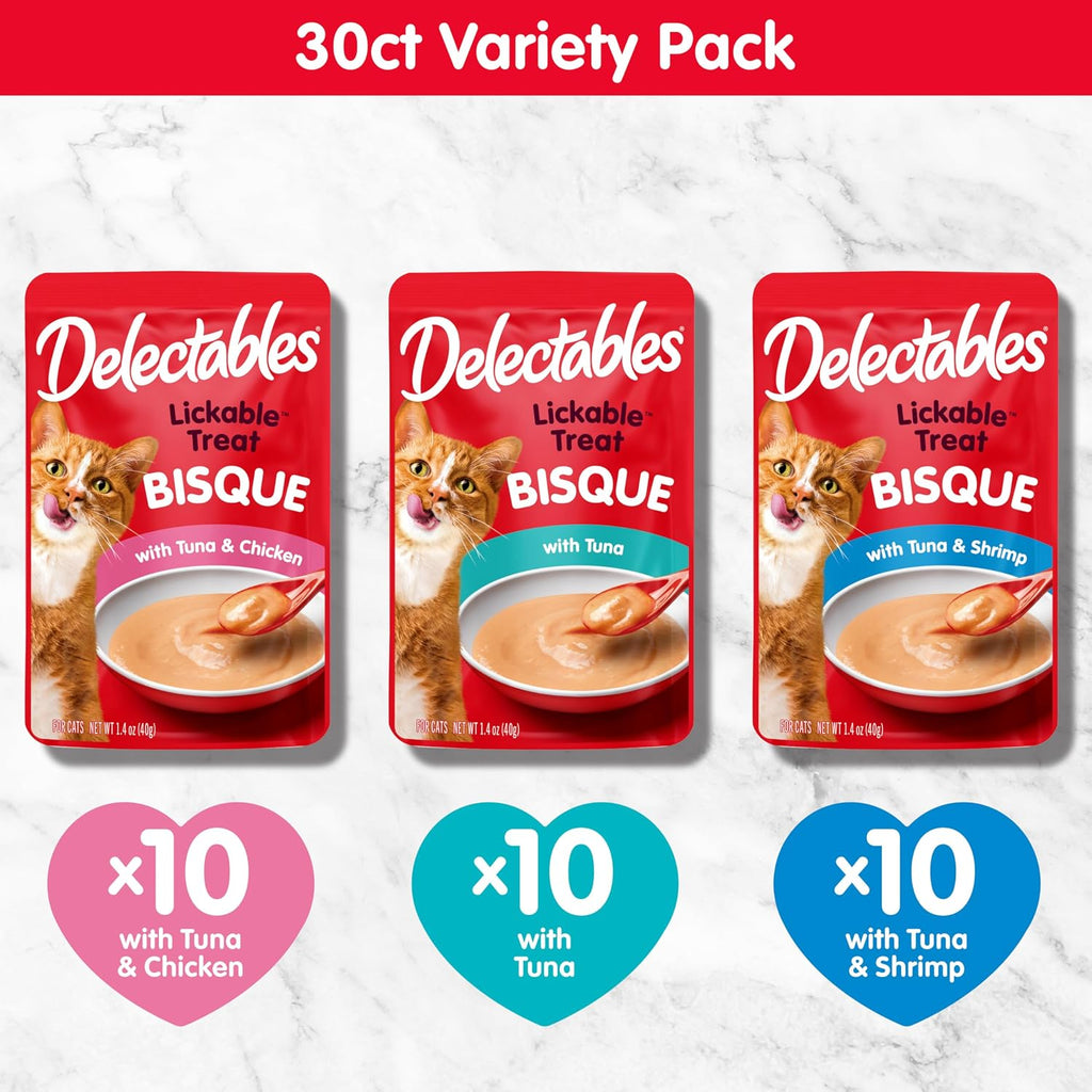 Delectables Lickable Treat Bisque Wet Cat Treat Variety Pack, Food Topper, Hydrating, Grain-Free, No Fillers, No By-Products, No Added Preservatives, 1.4oz Pouch, 30ct