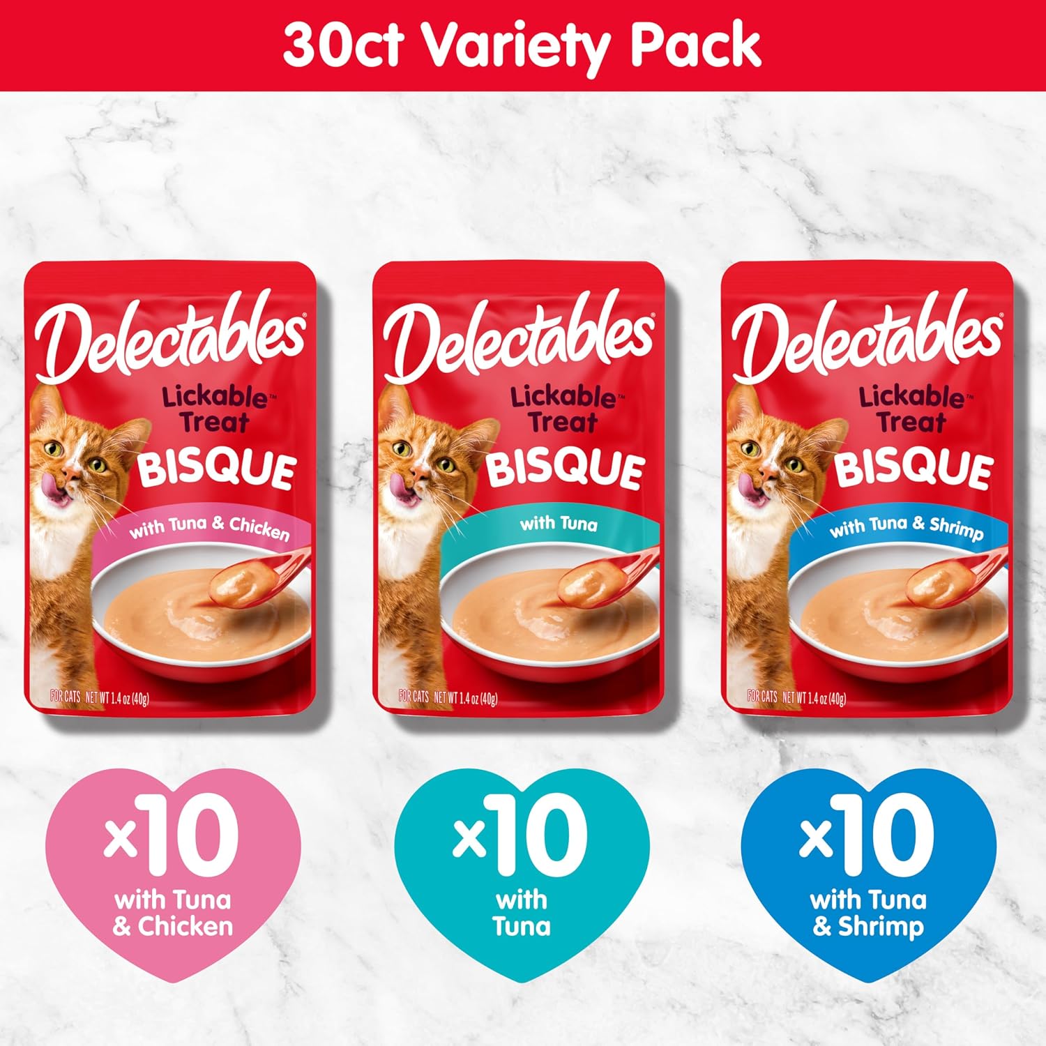 Delectables Lickable Treat Bisque Wet Cat Treat Variety Pack, Food Topper, Hydrating, Grain-Free, No Fillers, No By-Products, No Added Preservatives, 1.4oz Pouch, 30ct