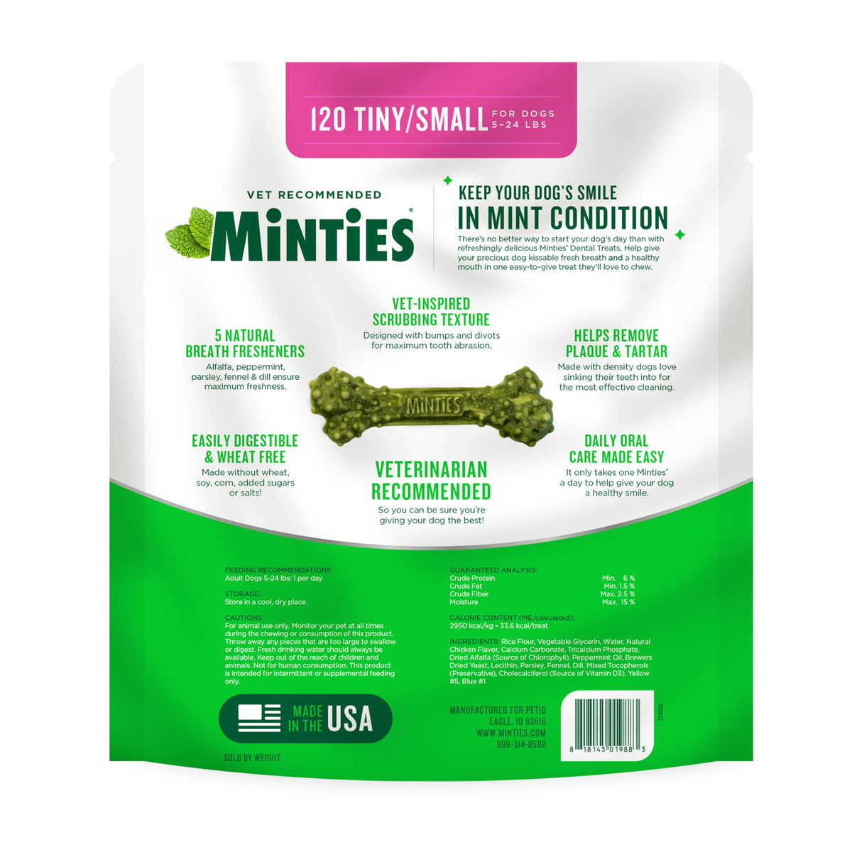 Minties Dental Chews for Dogs, 36 Count, Vet-Recommended Mint-Flavored Dog Treats for Large Breeds Over 50 lbs, Dental Bones Clean Teeth, Fight Bad Breath, Removes Plaque and Tartar