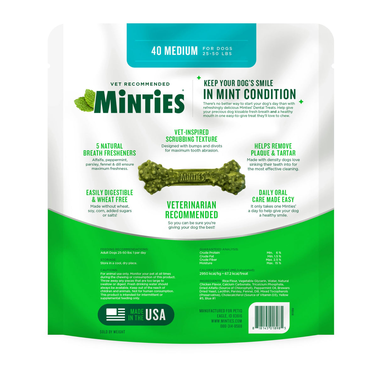Minties Dental Chews for Dogs, 36 Count, Vet-Recommended Mint-Flavored Dog Treats for Large Breeds Over 50 lbs, Dental Bones Clean Teeth, Fight Bad Breath, Removes Plaque and Tartar