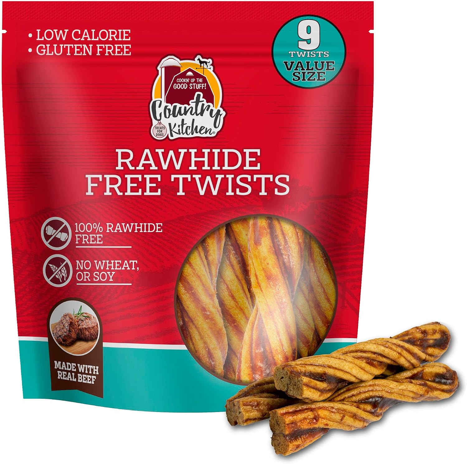 Country Kitchen Rawhide Free, Beef Twists Dog Chews, 9 Count (Pack of 12)
