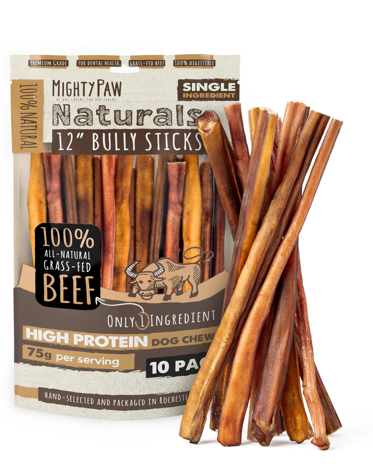 Mighty Paw 12" Bully Sticks for Dogs - Large, Medium and Small Breeds Chew