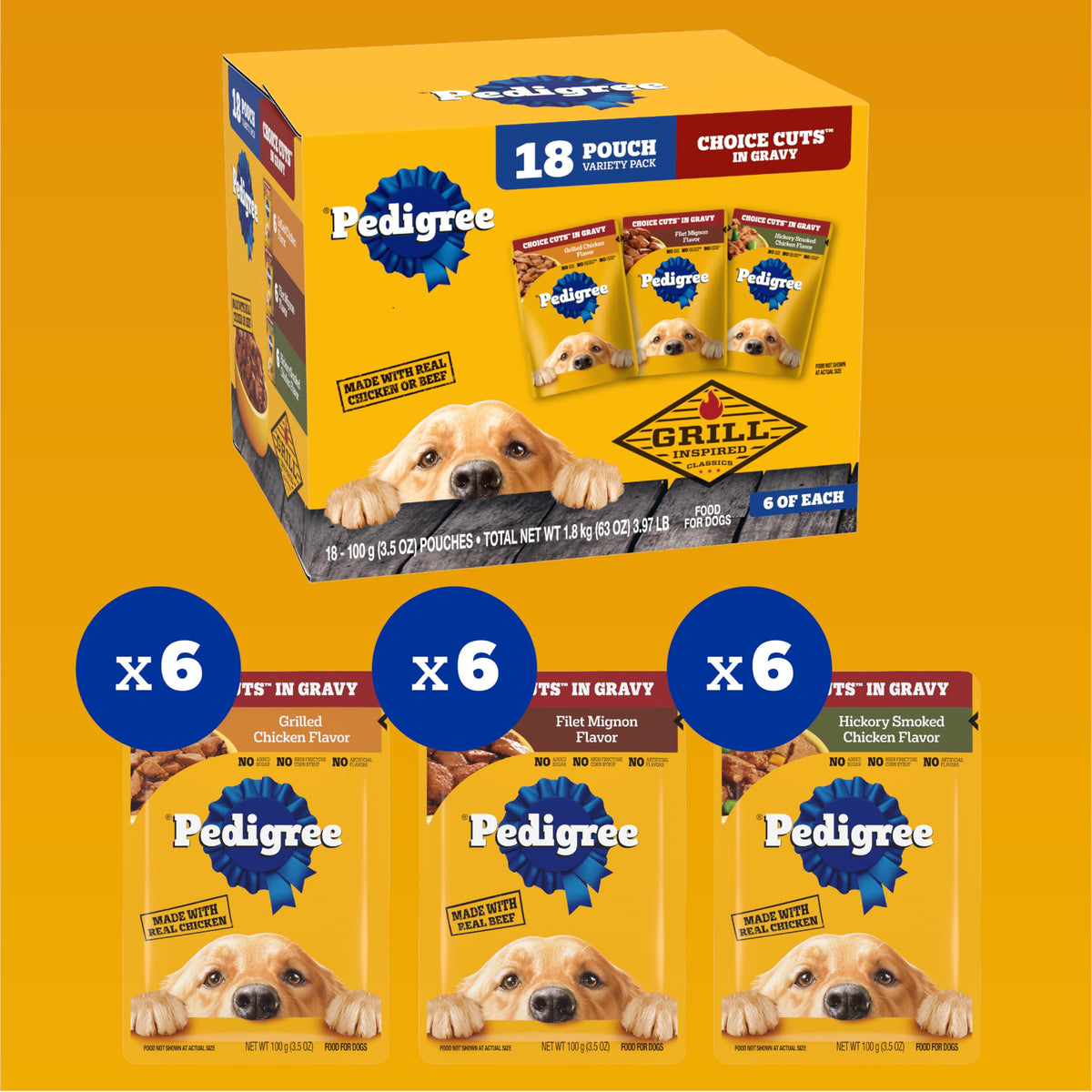 Pedigree Choice Cuts Wet Dog Food Pouch, Protein Variety, 3.5 oz, 30 Count