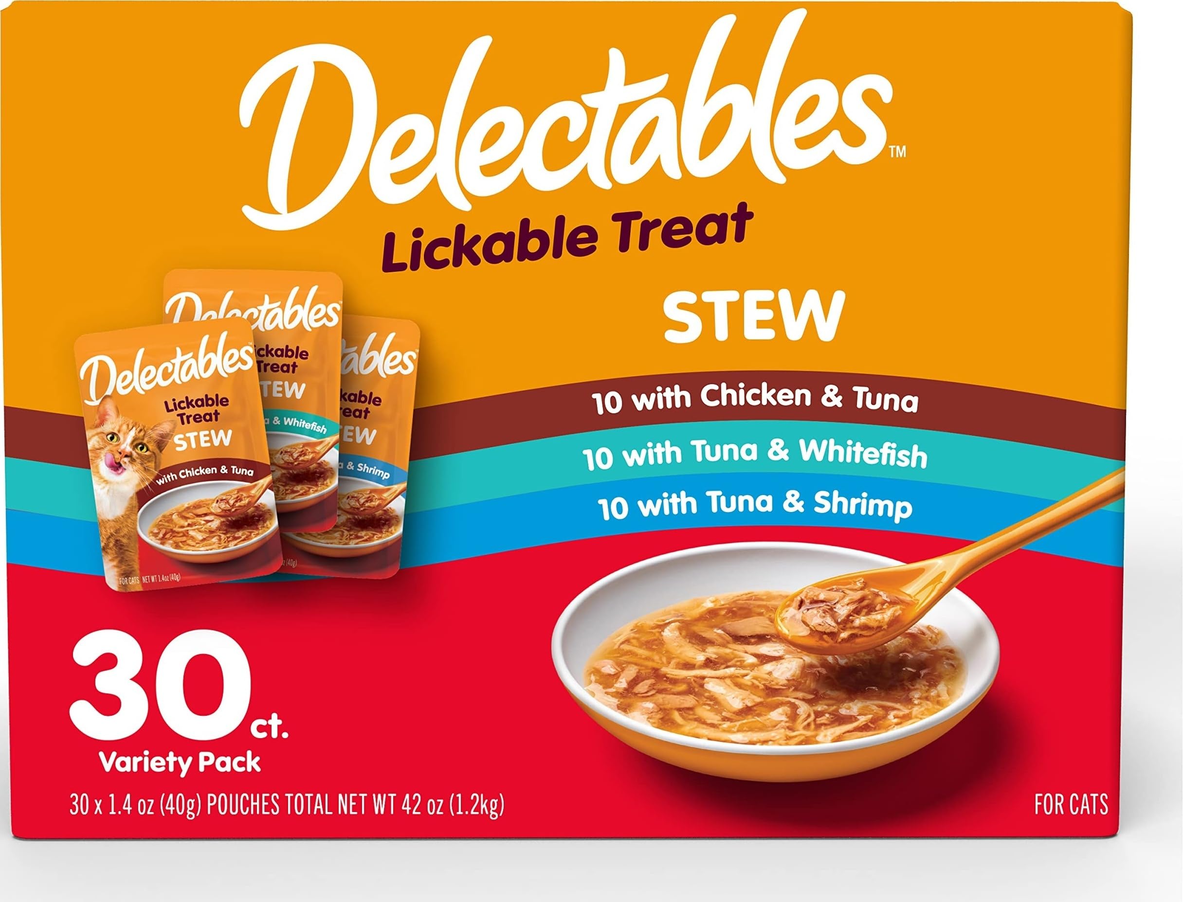 Delectables Lickable Treat Stew Wet Cat Treat Variety Pack, Food Topper, Hydrating, Grain-Free, No Fillers, No By-Products, No Added Preservatives, 1.4oz Pouch, 12ct