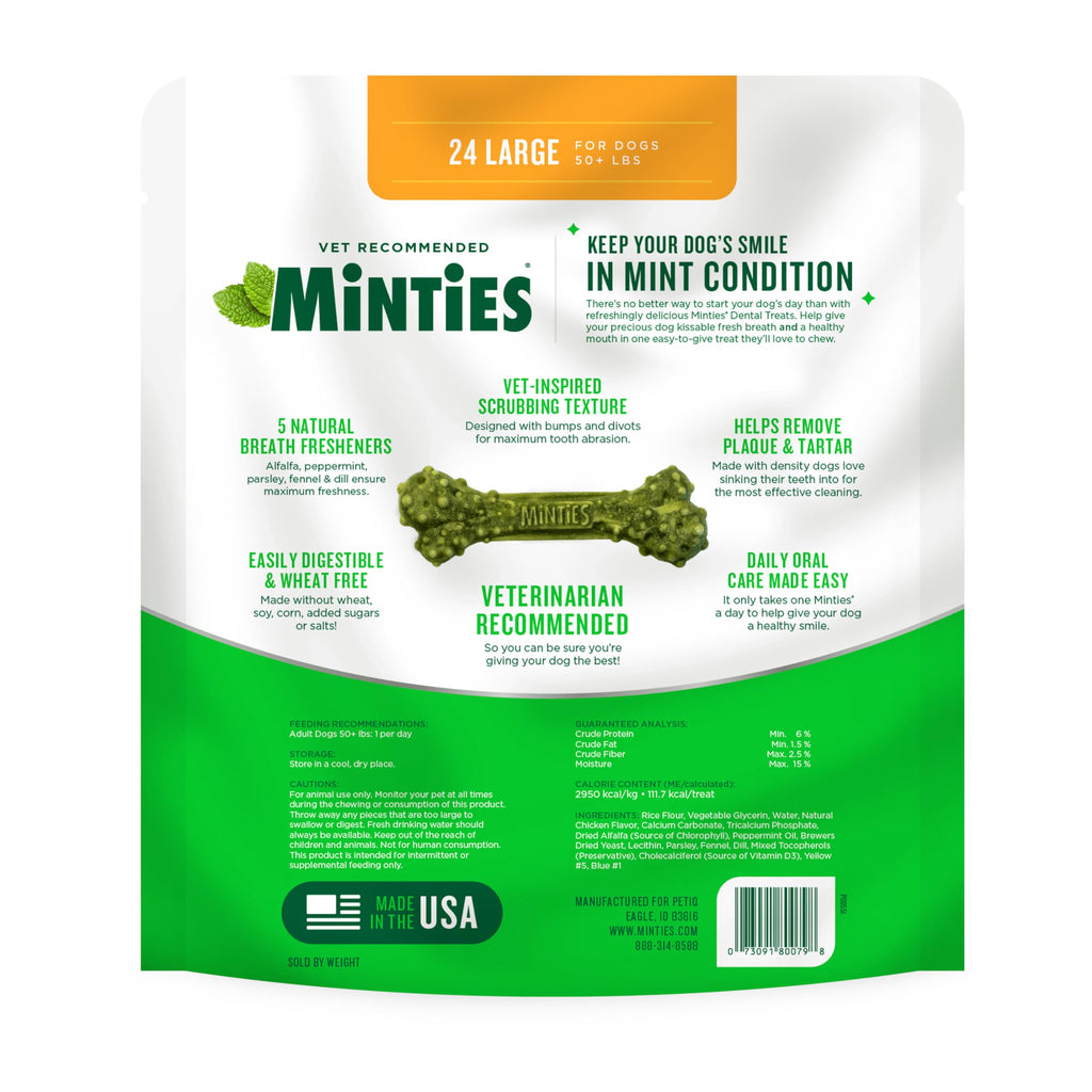 Minties Dental Chews for Dogs, 36 Count, Vet-Recommended Mint-Flavored Dog Treats for Large Breeds Over 50 lbs, Dental Bones Clean Teeth, Fight Bad Breath, Removes Plaque and Tartar