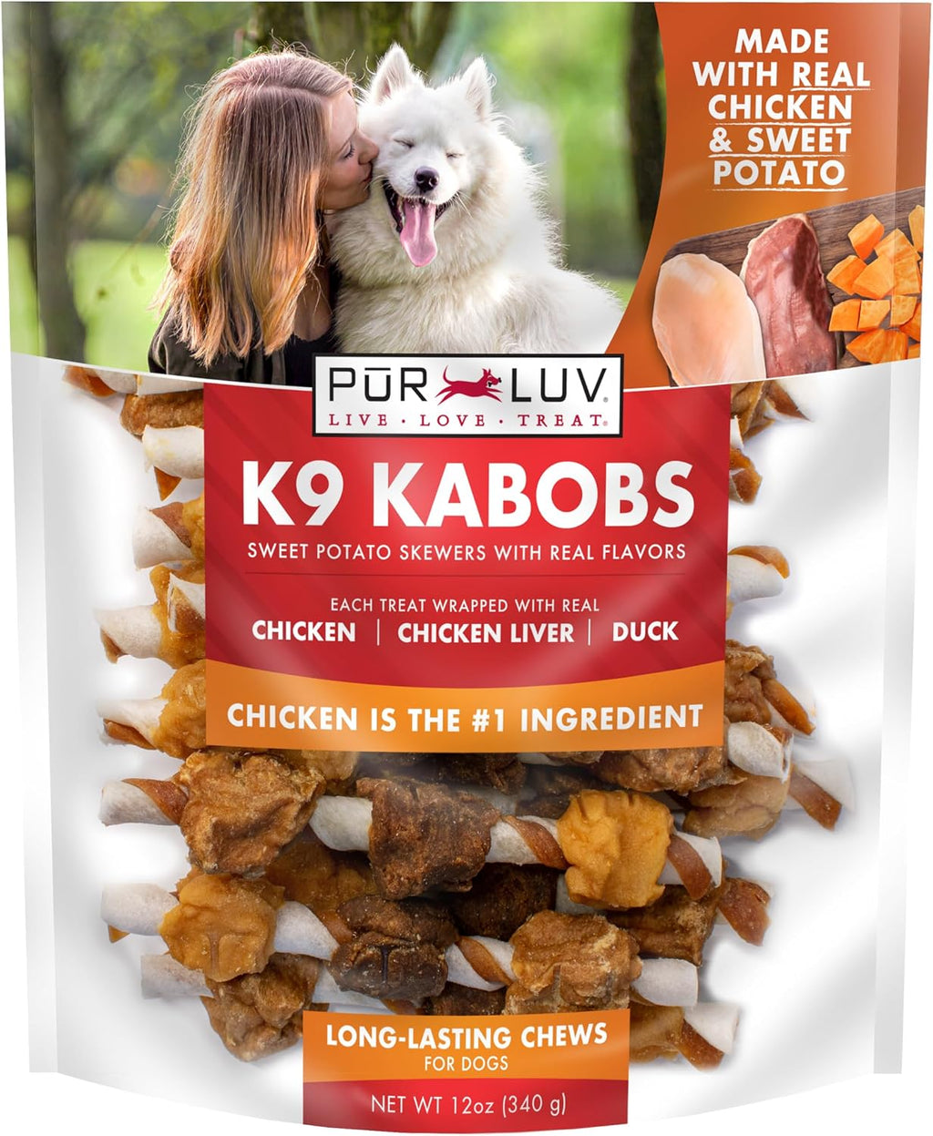 Pur Luv Dog Treats, K9 Kabobs Made with Real Chicken, Duck, and Sweet Potato, 12 Ounces, Dog Snacks, Healthy, Easily Digestible, Long-Lasting, High Protein Treat, Satisfies Urge to Chew