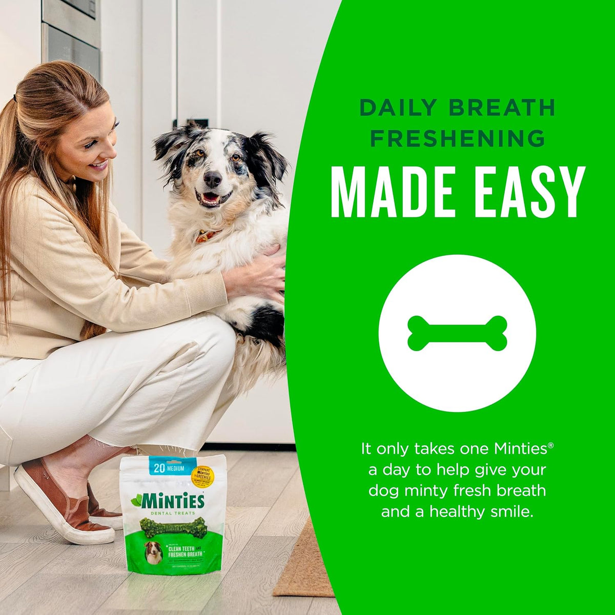 Minties Dental Chews for Dogs, 36 Count, Vet-Recommended Mint-Flavored Dog Treats for Large Breeds Over 50 lbs, Dental Bones Clean Teeth, Fight Bad Breath, Removes Plaque and Tartar