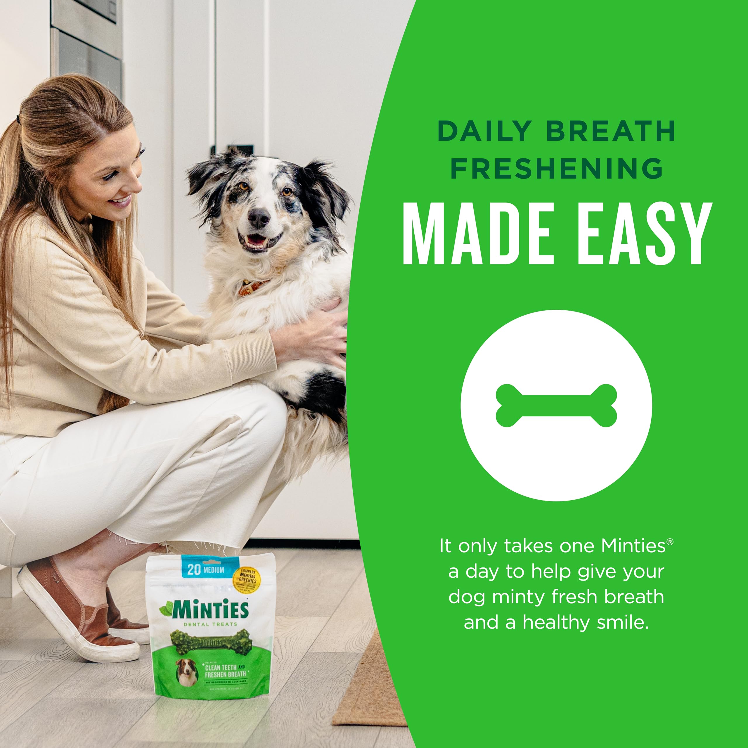 Minties Dental Chews for Dogs, 36 Count, Vet-Recommended Mint-Flavored Dog Treats for Large Breeds Over 50 lbs, Dental Bones Clean Teeth, Fight Bad Breath, Removes Plaque and Tartar