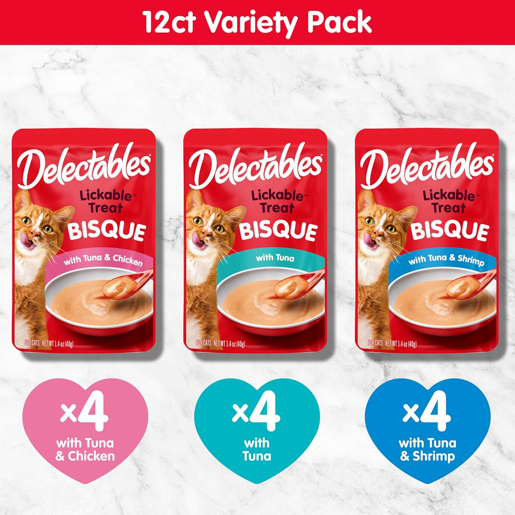 Delectables Lickable Treat Bisque Wet Cat Treat Variety Pack, Food Topper, Hydrating, Grain-Free, No Fillers, No By-Products, No Added Preservatives, 1.4oz Pouch, 30ct