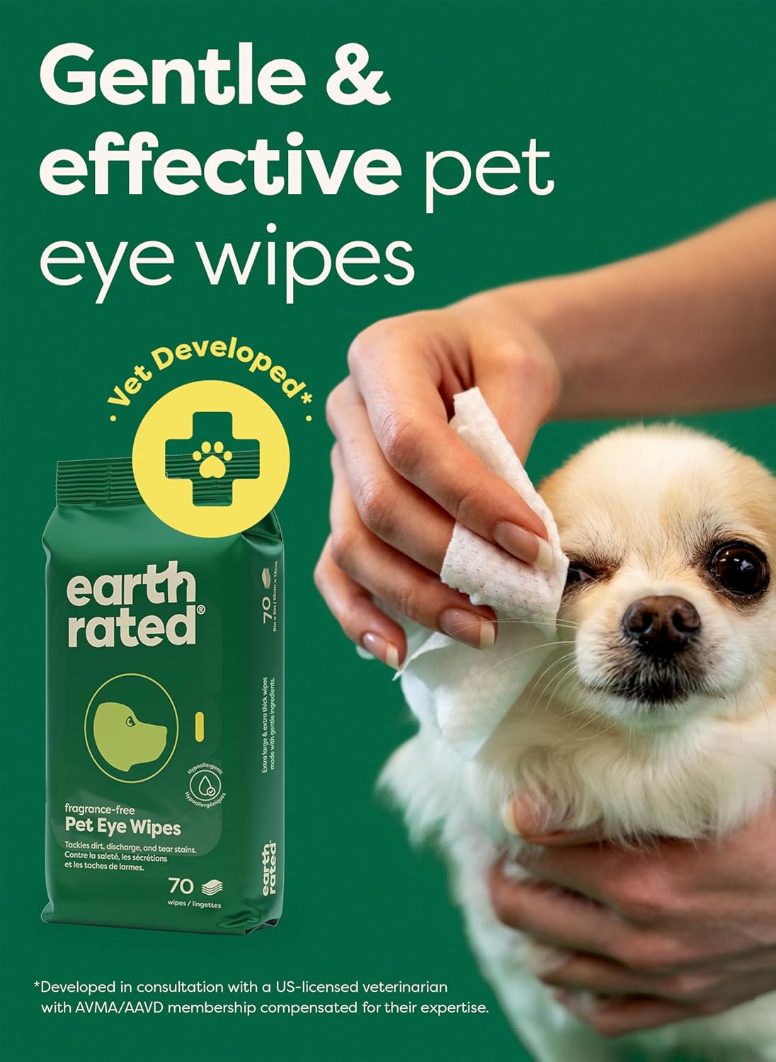 Earth Rated Pet Wipes for Dogs and Cats, Hypoallergenic, Cleaning and Hydrating, for Paws, Body and Butt (Eye Wipes Unscented, 70 Grooming Wipes)