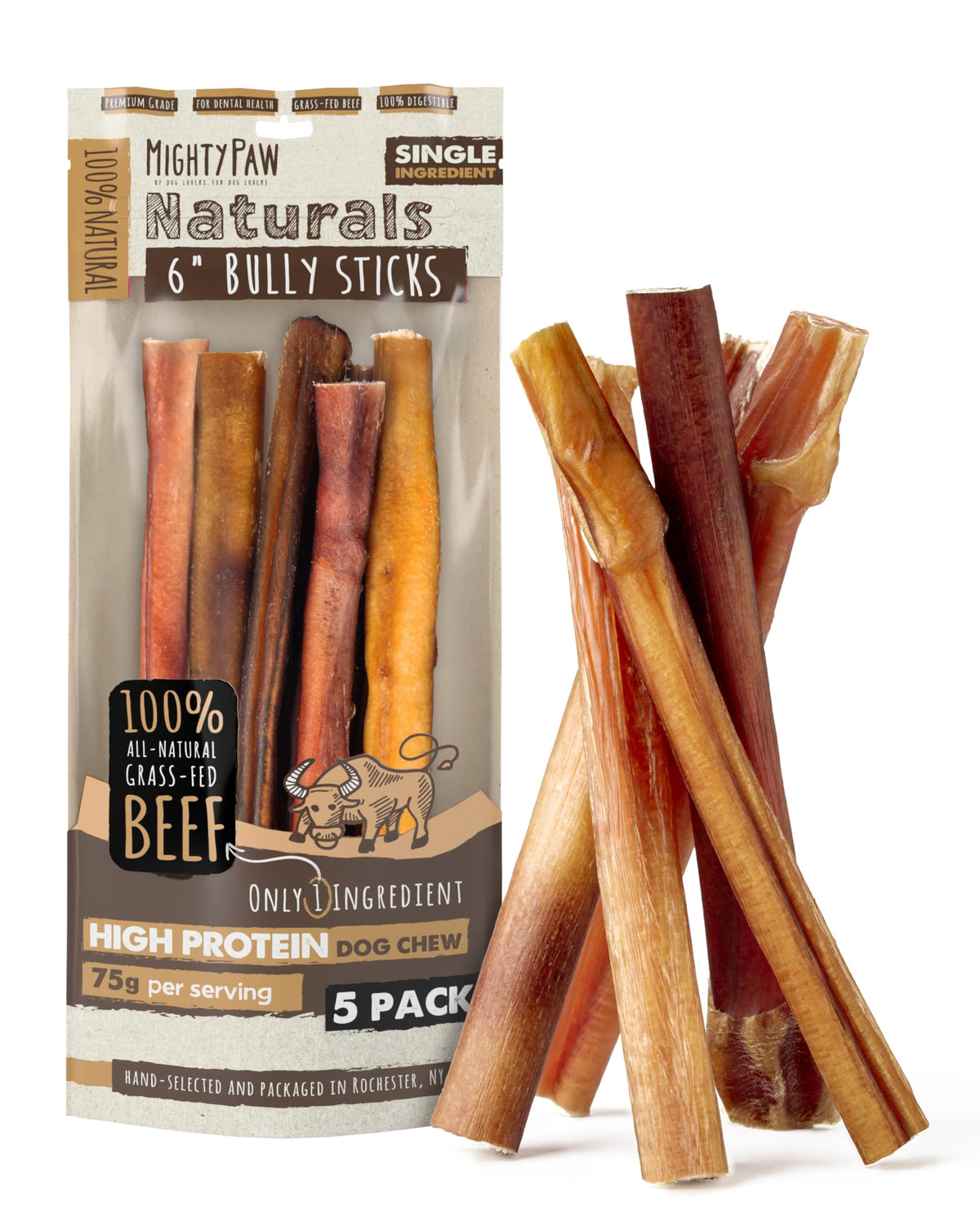 Mighty Paw 12" Bully Sticks for Dogs - Large, Medium and Small Breeds Chew