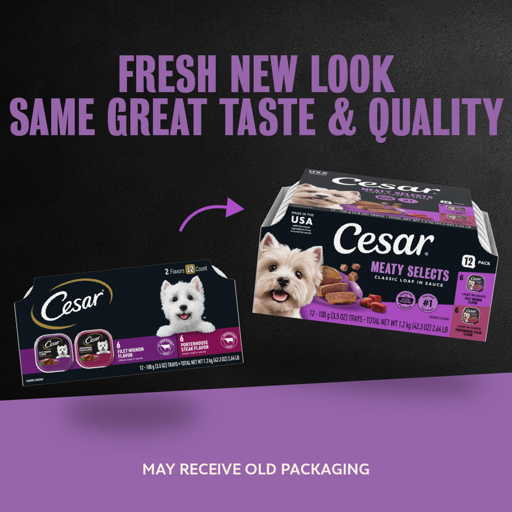 Cesar Classic Loaf in Sauce Wet Dog Food, Meaty Selects, 3.5 oz, 24 Count